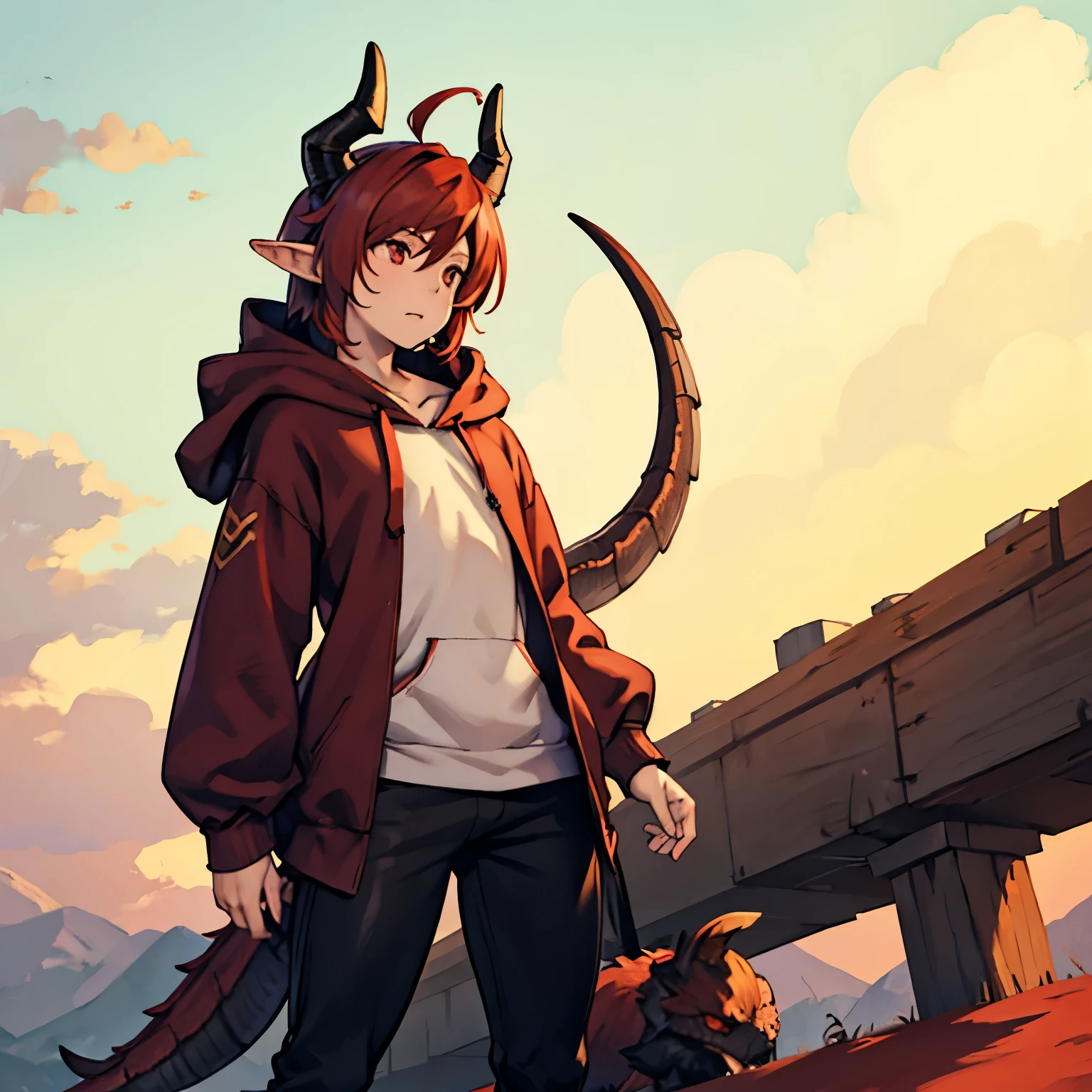 One male femboy with red hair and elf ears dragon horns and tail in baggy hoodie and black tight pants with thick thighs 