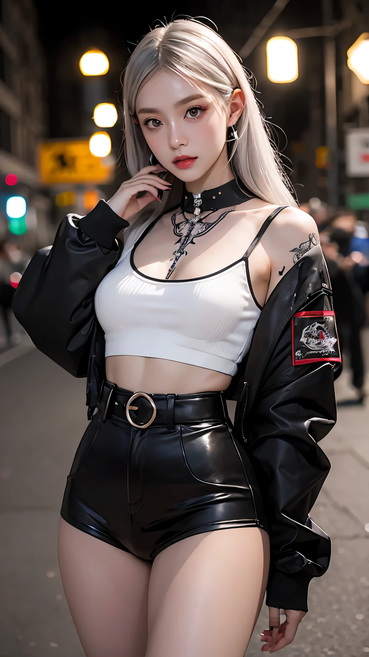 One girl, Gray Hair, Long Hair, Techwear masterpiece, highest quality, Realistic, Dark purple jacket, Portraiture, Fine grain, Wearing the headset, Platinum Hair, 21 year old girl, Fashion pose, Half Body, Wide shot, on the road, cyber punk,(((He has many tattoos all over his body)), (((Tight waist))), ((Big Breasts)),(See-through),panties