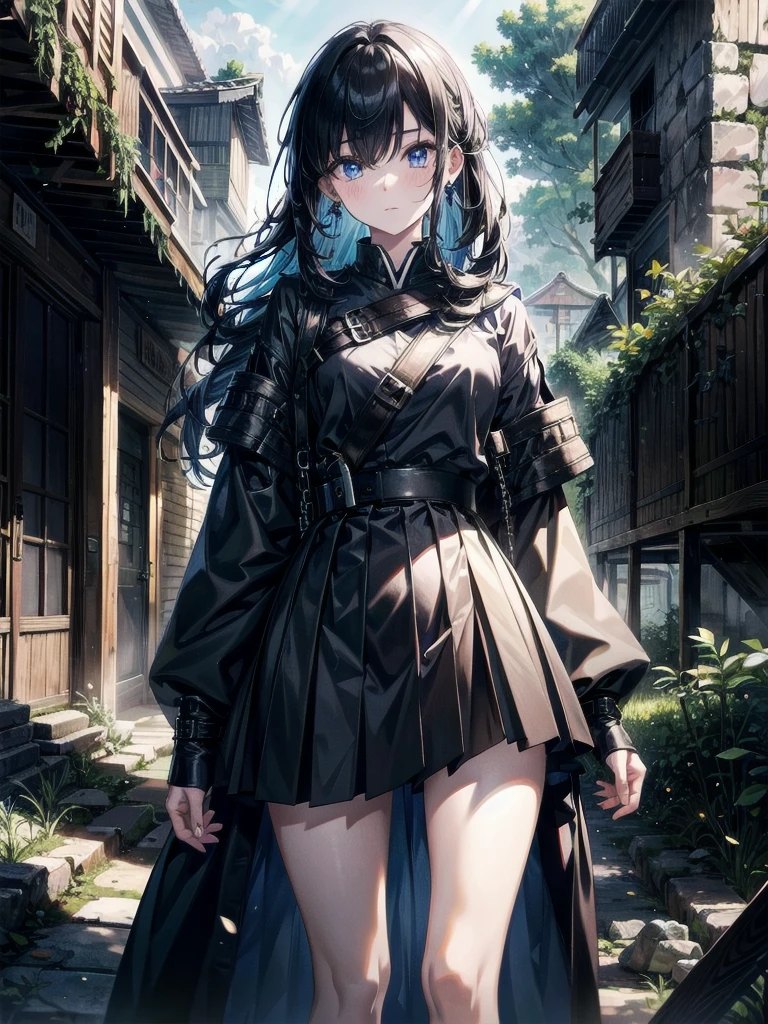 whole body, long blue great sword, Ruins, tech boots, black jacket, samurai, school_uniform, absurdres, RAW photo, extremely delicate and beautiful, masterpiece, Best Quality, ultra high resolution, 32k, hyperrealistic, ultra-detailed description, pale skin, 20 years old, detailed beautiful face and eyes, tearful mole, earring, Colossal tits, short medium wavy hair,