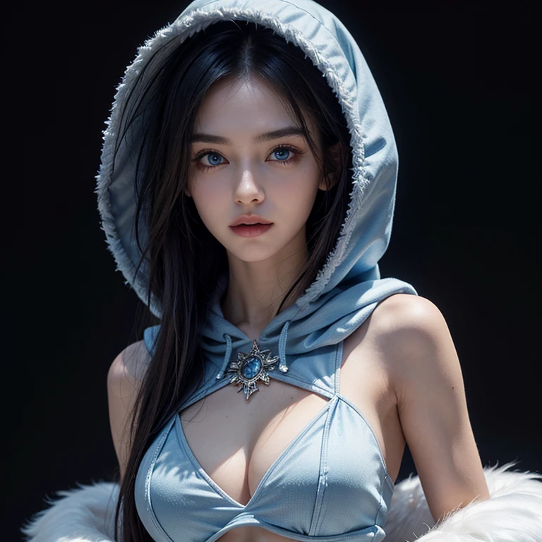 8K, Top Quality, Intricate Details, Ultra Detail, Ultra High Resolution, Masterpiece, close up shot, (full body: 1.1), Slender, Smile, (Makeup: 0.4), (Fluffy Blue Eyes: 1.21), (()), 1girl, solo, 1 girl, ((black hair, long hair)), close up shot, , ((tall)), (((fit body))), (((slim face))), sharp face, (( )) (detailed face), sharp face, small lips, standing, , (( , hoodie ,)), sleeveless, detailed face, detailed breast, , large breast, huge breast, detail ass, Narrow Waist, Skinny, , Muscular, Navel, Exposed Abdomen, Pointed Chest,, Beautiful girl with accentuated slender abs: 1.4, Six Pack Abs: 1.4, Bust Botox, Big, Perfect Body, detail leg, (( dark background)), black background
