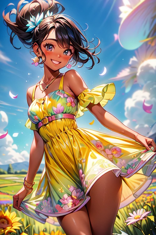 addition_detailed:1, Best Quality, Beautiful subtle shine, Ambient Occlusion, ambient light, Ray Traced Reflections, Glamorous aura, happy, Smiling 18 year old brown-skinned girl with wind blowing across prairie on sunny day, Warm colored floral motifs、Colorful flying flowers spread across the meadow、Two-piece short dress, Very colorful.