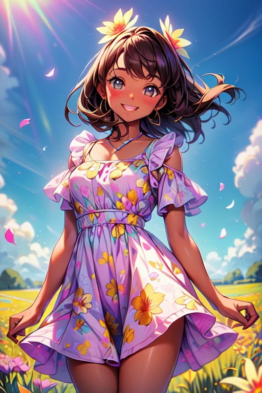 Kenya is short with brown skin, light brown eyes, and a gap between two upper teeth. She has shoulder-length curly dark brown hair with straight bangs.
She wears a purple t-shirt with a white daisy on the front and short blue skirt underneath. Also, she wears a blue skirt and light pink dress shoes. SPARKLE; GLITTER