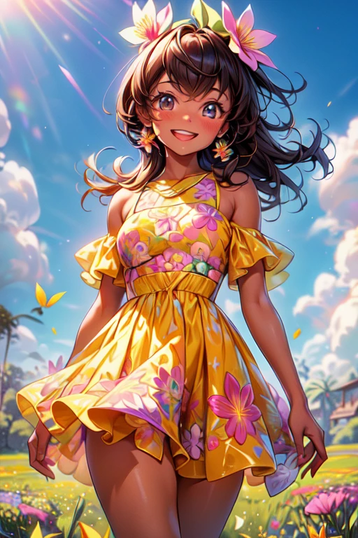 addition_detailed:1, Best Quality, Beautiful subtle shine, Ambient Occlusion, ambient light, Ray Traced Reflections, Glamorous aura, happy, Smiling 18 year old brown-skinned girl with wind blowing across prairie on sunny day, Warm colored floral motifs、Colorful flying flowers spread across the meadow、Two-piece short dress, Very colorful.