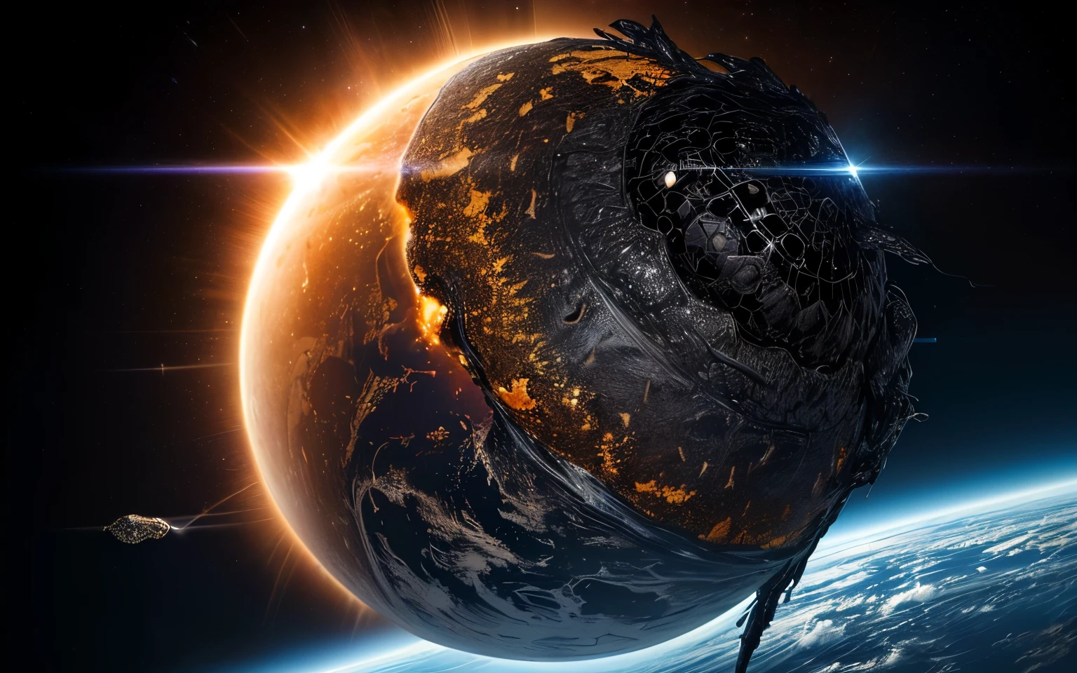A distant photograph of a giant black dragon monster flying over a curved, sun-colored sphere.。A snake on a map with coordinate lines, Space fungus simulation, Microscope image, Micrograph, Sculpture, A scientific depiction, Microscope View, Alien Deposition Schematic, 空からmeteoriteが落ちてくる, Detailed scientific illustrations, An illustration of, An illustration, protozoa, meteorite、Monsters attacking the Earth