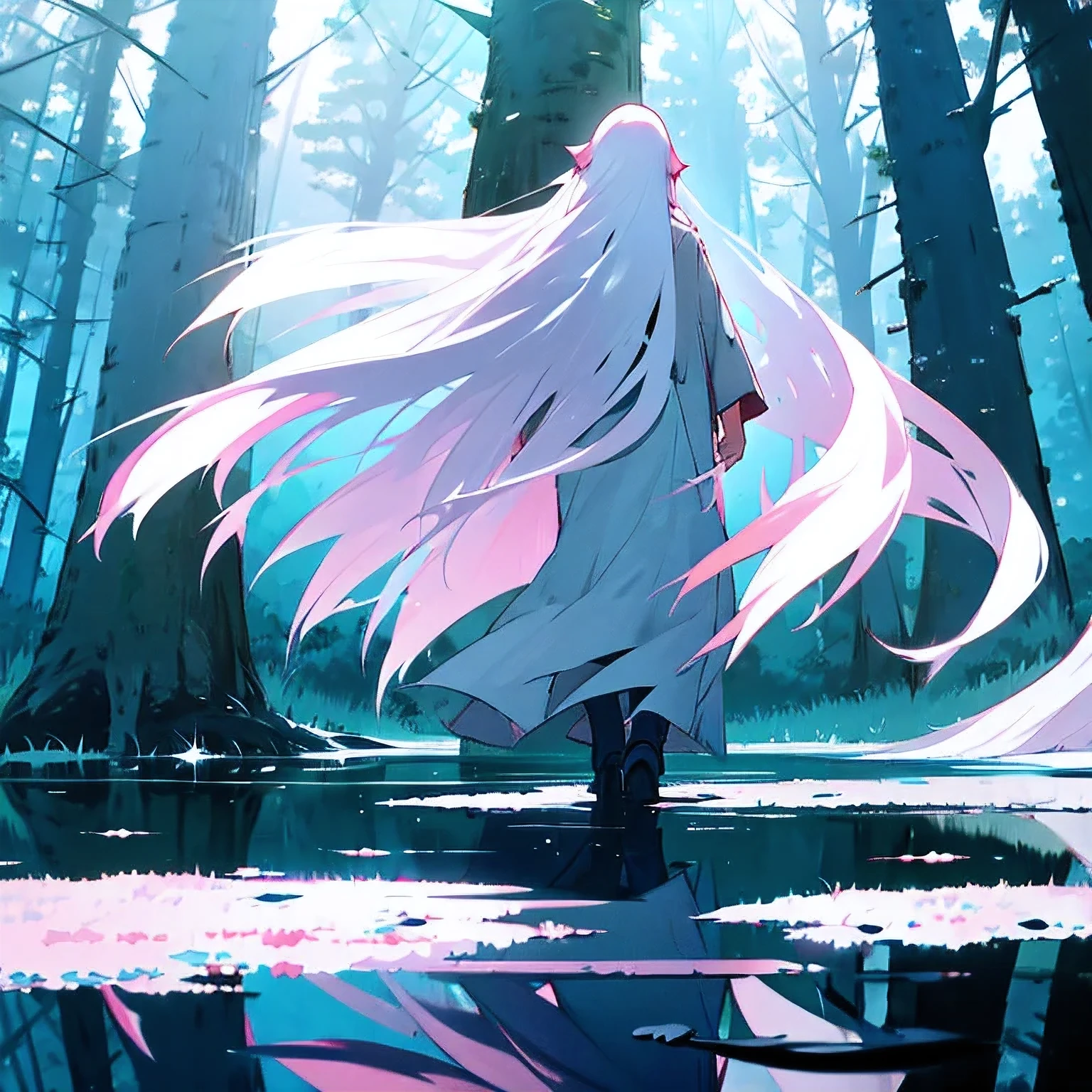 Girl with long white hair , walking on lake , in forest