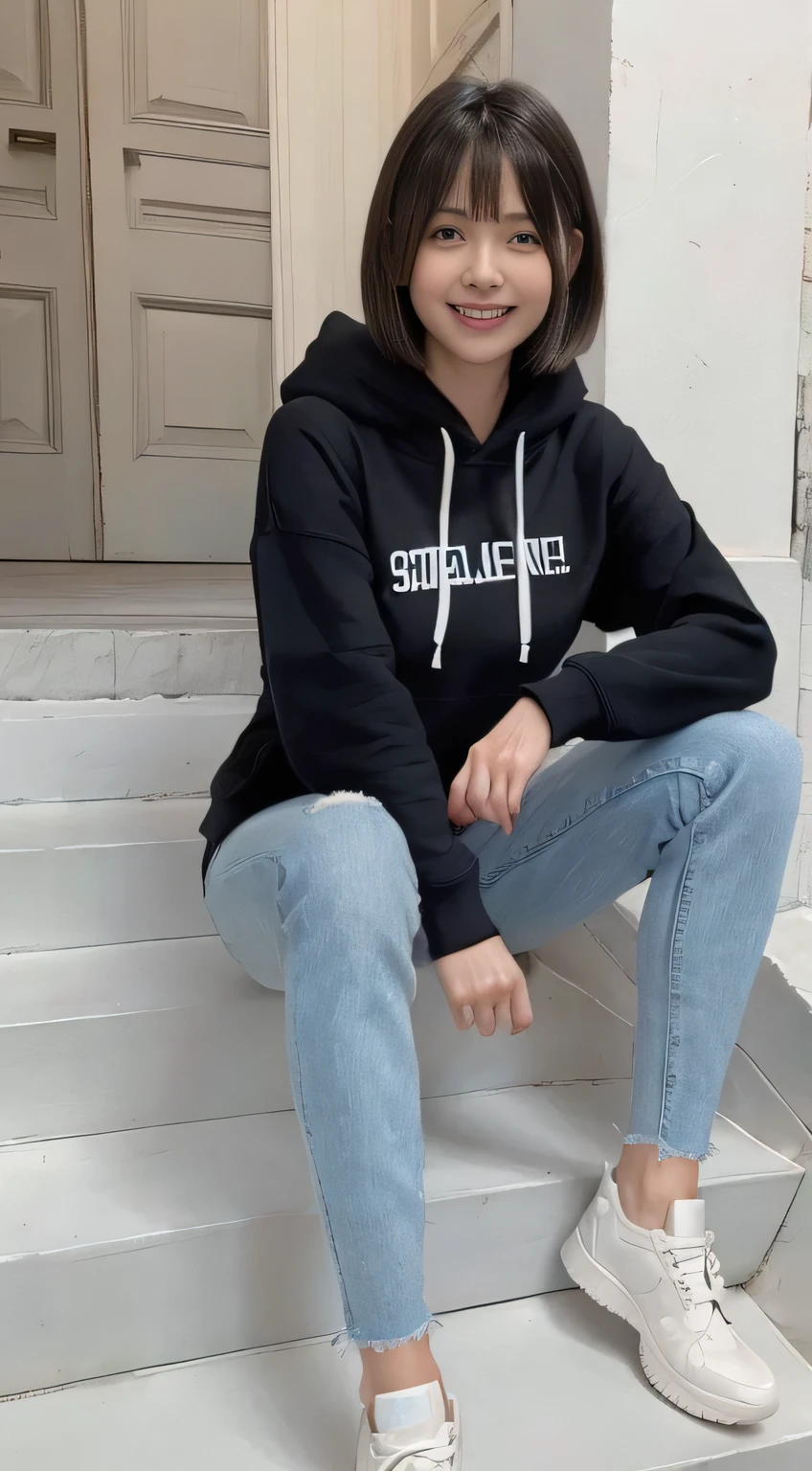 highest quality, Realistic, Very detailed, Finer details, High resolution, 8k wallpaper, One beautiful woman,Sit on the stairs、(Wear black socks)smile、(Beautiful teeth alignment、)(Gums are visible) Oversized hoodie, Skinny jeans,( Black sneakers)、Black Hair、 Beautiful Bangs、ear piercing、Perfect dynamic composition, Beautiful and detailed, Full Body Shot, A big smile