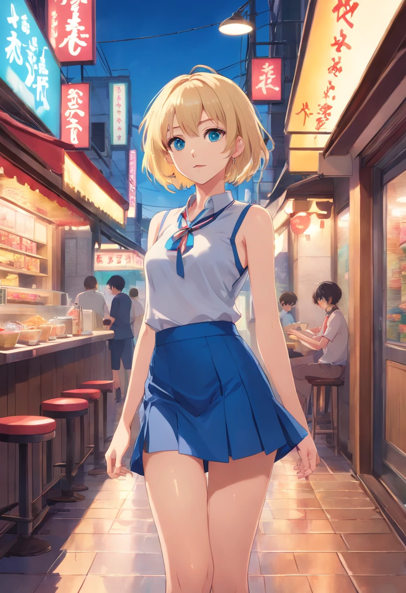 17 years old Women, ((Blonde)), ((Blue eyes)), ((Short hair)), ((Full shot)), very detailed makeup, pale pink lipstick, long earrings, bare shoulders and jewelry necklace, Sleeveless and backless shirt, latex miniskirt, pantyhose, stockings and high-heeled shoes, wet floor, standing in front of a ramen place