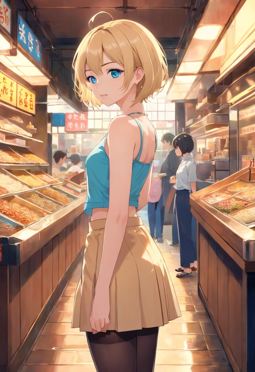 17 years old Women, ((Blonde)), ((Blue eyes)), ((Short hair)), ((Full shot)), very detailed makeup, pale pink lipstick, long earrings, bare shoulders and jewelry necklace, Sleeveless and backless shirt, latex miniskirt, pantyhose, stockings and high-heeled shoes, wet floor, standing in front of a ramen place