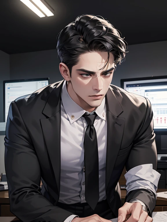 (best quality, masterpiece, 8K, photorealistic, cinematic lighting, hdr image, ultra detailed, beautiful image), 1 man, 31 years old, mature man, very handsome, (without expression, serious), short black hair, black eyes ( penetrating gaze), imposing posture, businessman, office background