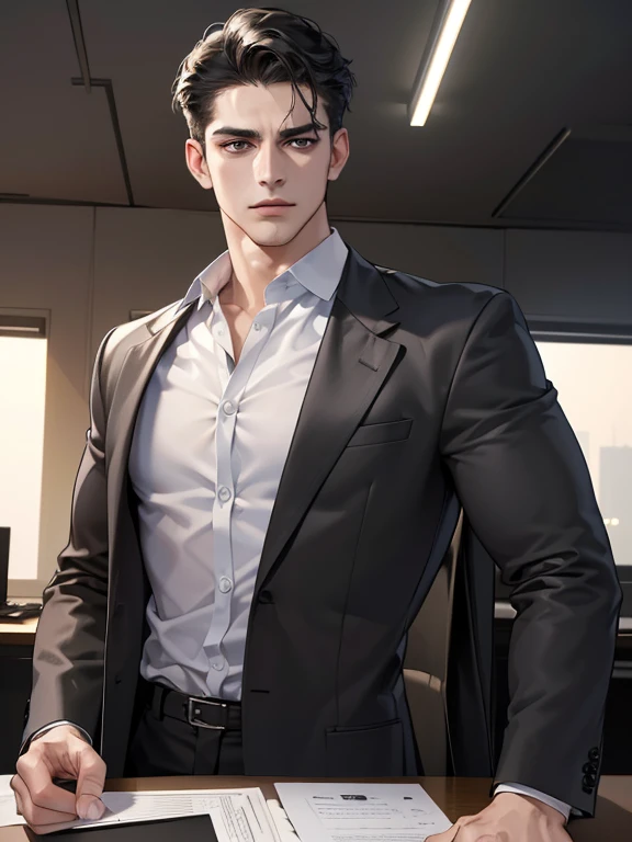 (best quality, masterpiece, 8K, photorealistic, cinematic lighting, hdr image, ultra detailed, beautiful image), 1 man, 31 years old, mature man, very handsome, (without expression, serious), short black hair, black eyes ( penetrating gaze), imposing posture, businessman, office background