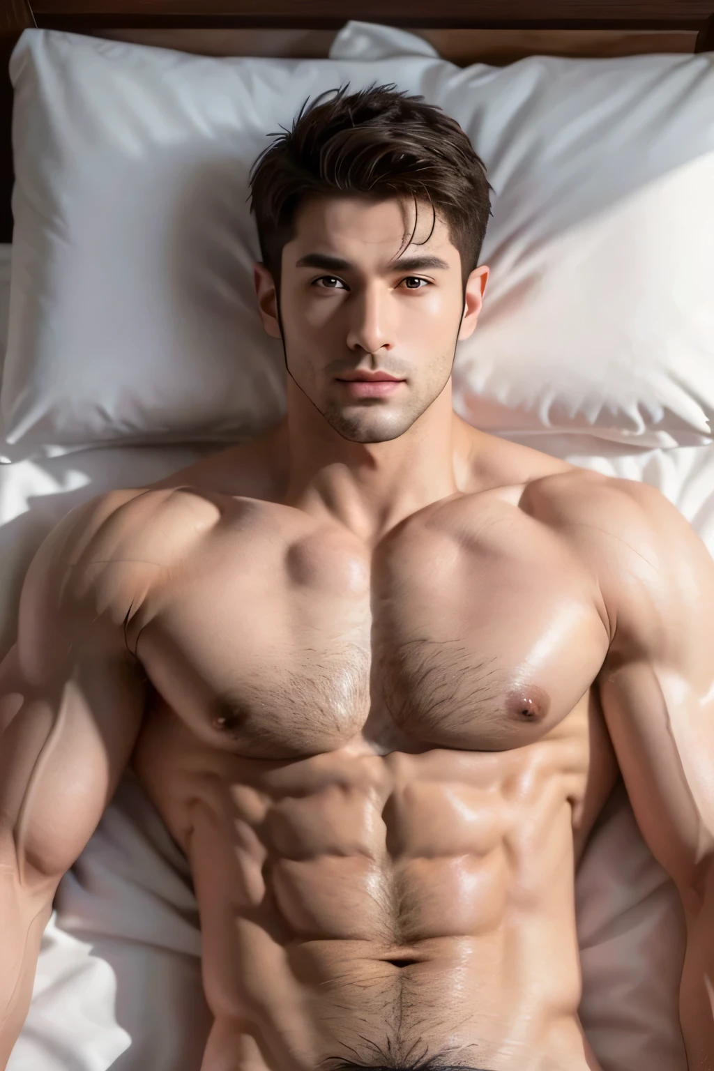 A sporty, muscular man with short hair, a youthful and handsome appearance, a rosy and healthy complexion, strong chest and abdominal muscles, dense chest hair and abdominal hair, a solid and robust physique, lying in bed, making love with another muscular man, with muscles wrapped in visible fat, no veins on the surface of the muscles, close-up, natural sunlight effect.