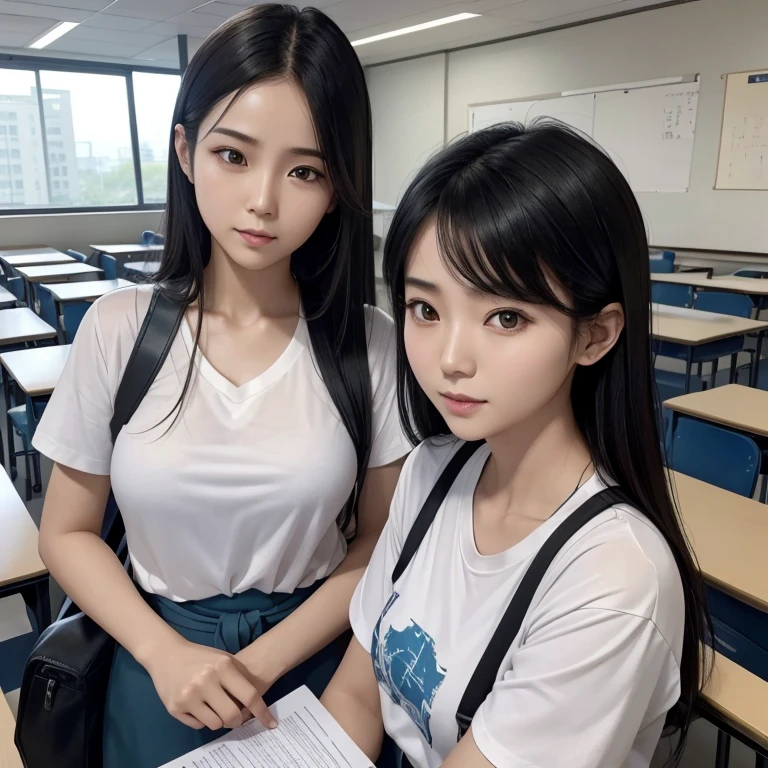 and then, In class, Two female proctors walked into the classroom, Holding a top secret document bag, Two people wearing white T-shirts、Female invigilator with short black hair, The female proctor looked into camera, The camera mainly captures the upper body, Lof Art Style ((Xinhai City), CGStation Popular, Xinhaicheng H 2160, Inspired by Border Guardians, Xinhaicheng, plan, Guwitz's style, High-quality images, 4K, 8k, solve,
