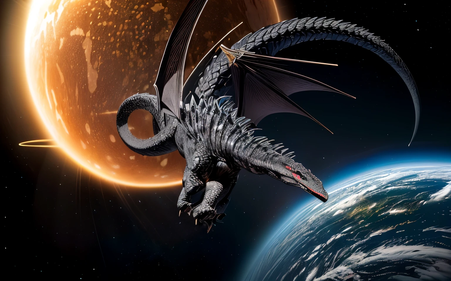 A distant photograph of a giant black dragon monster flying over a curved, sun-colored sphere.。A snake on a map with coordinate lines, Space fungus simulation, Microscope image, Micrograph, Sculpture, A scientific depiction, Microscope View, Alien Deposition Schematic, 空からmeteoriteが落ちてくる, Detailed scientific illustrations, An illustration of, An illustration, protozoa, meteorite、Monsters attacking the Earth