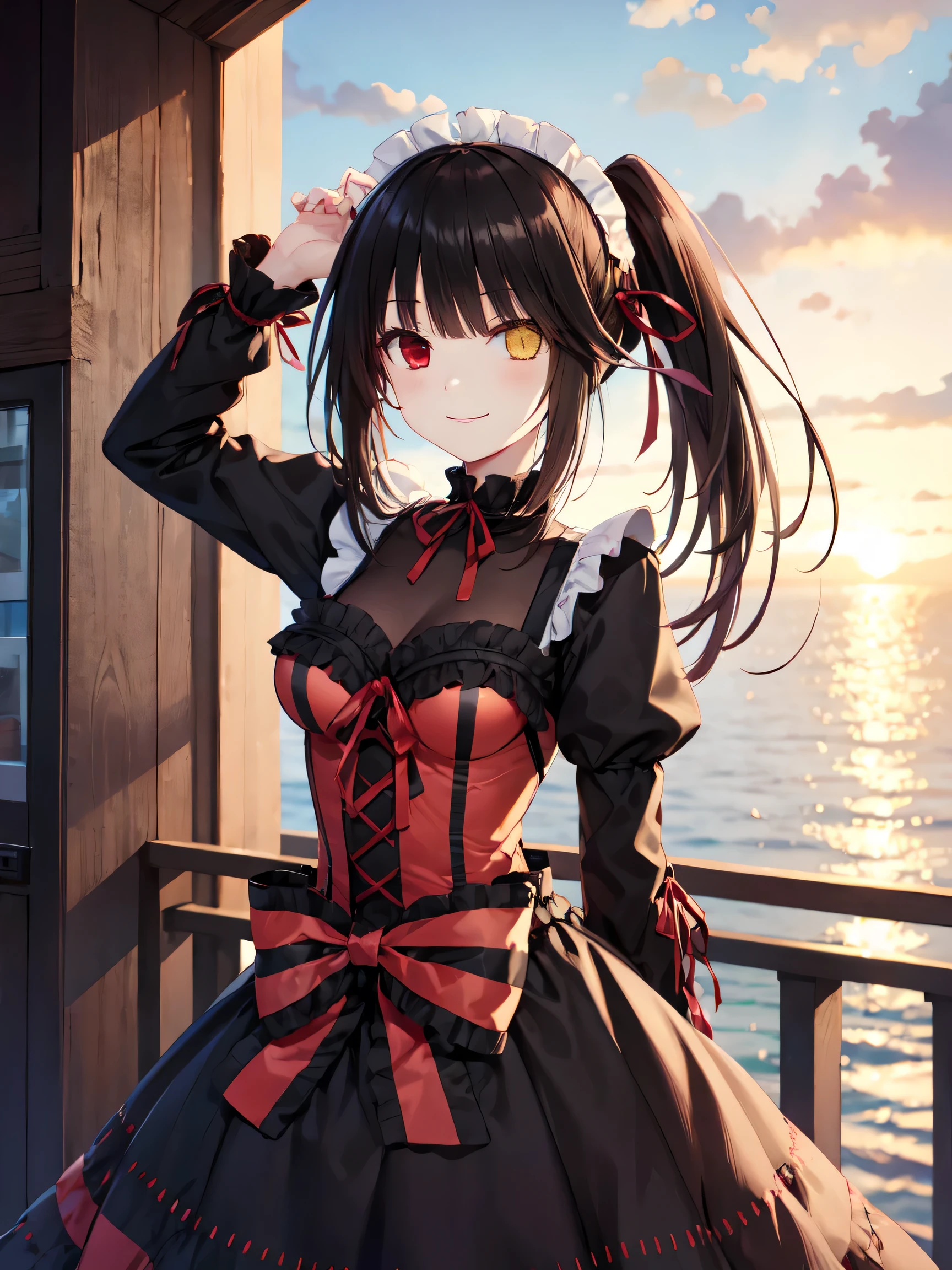 masterpiece, best quality、Taken in a place with an ocean view、ocean、Put your arms behind your back、Black Hair, Double tail, (Yellow eyes:1.2), Heterochromia iridum, (Red Eyes:1.2),Tokisaki Kurumi、Smile,Gothic ta Clothing Accessories、Victoria maid、White Ribbon、Shut up、Gothic Lolilothing Accessories