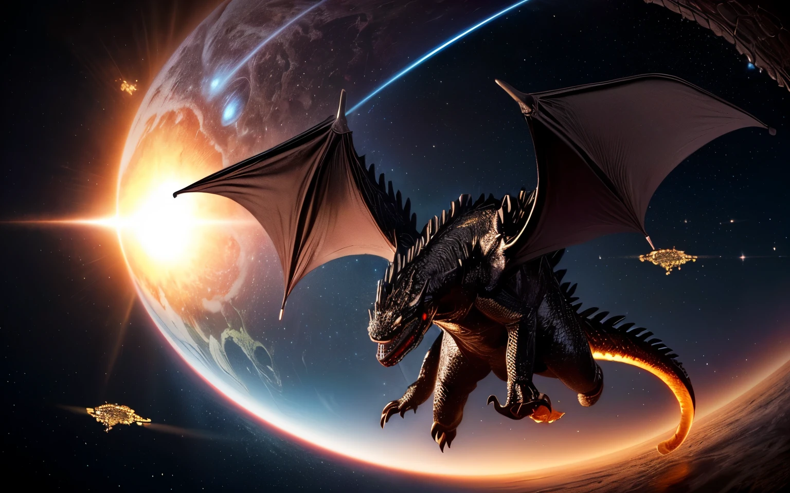 A distant photograph of a giant black dragon monster flying over a curved, sun-colored sphere.。A snake on a map with coordinate lines, Space fungus simulation, Microscope image, Micrograph, Sculpture, A scientific depiction, Microscope View, Alien Deposition Schematic, 空からmeteoriteが落ちてくる, Detailed scientific illustrations, An illustration of, An illustration, protozoa, meteorite、Monsters attacking the Earth
