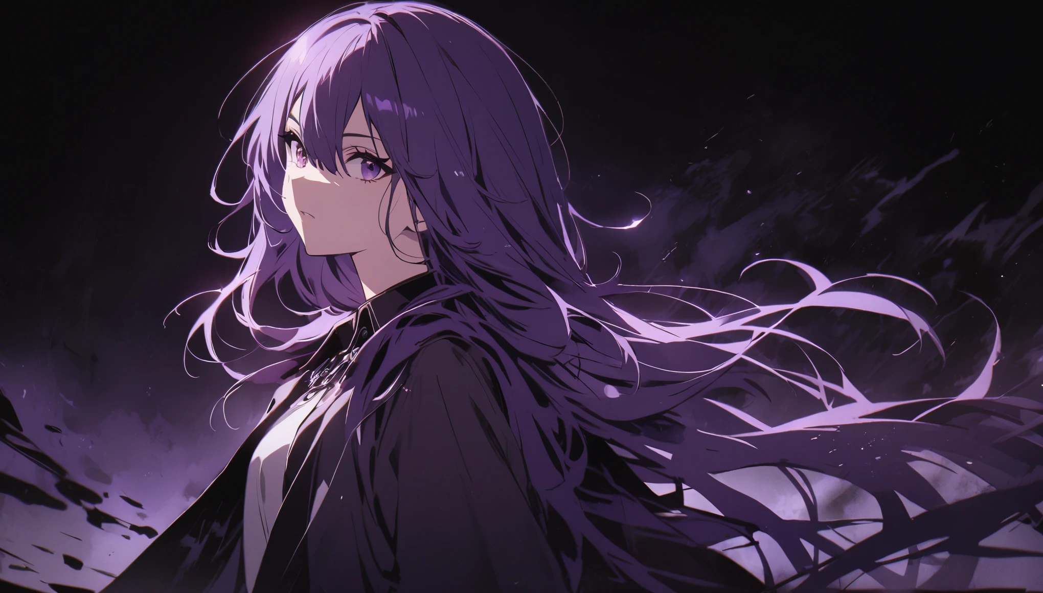 girl, Black purple hair, Long Hair, cool, 1 person, Dark atmosphere, Dark Background., witch