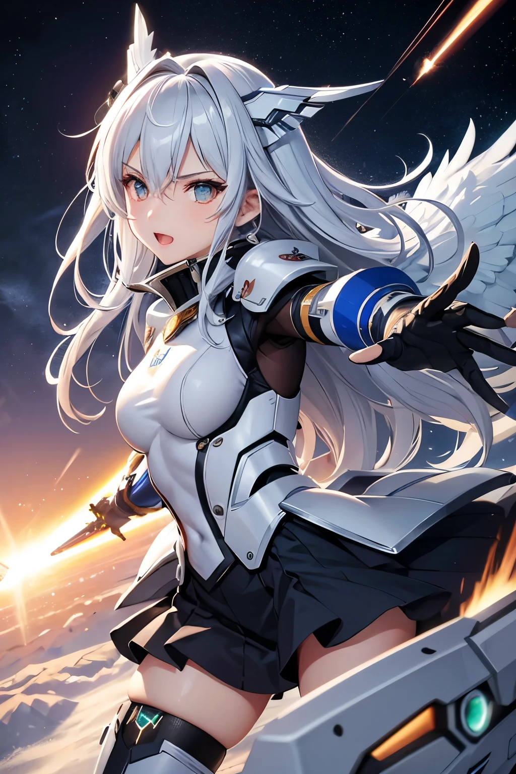 （（（highest quality、first-clasasterpiece、Normal body、8k、Detailed face、Ultra-precision、Normal hand、Normal finger、５Finger、）））Silver-white hair、Machine Angel、Large mechanical wings、Large booster、Large thruster、Sun visor、Thought-guided remote-controlled weapon、Full Armor、Beam rifle、Beam Shooting、Running through space、Beam Sword、Fighting space monsters、Variable Beam Launcher、multi missile、Mega Beam Cannon、In combat、Dogfight、High Maneuver、Beam from the mouth、Beam from the eyes