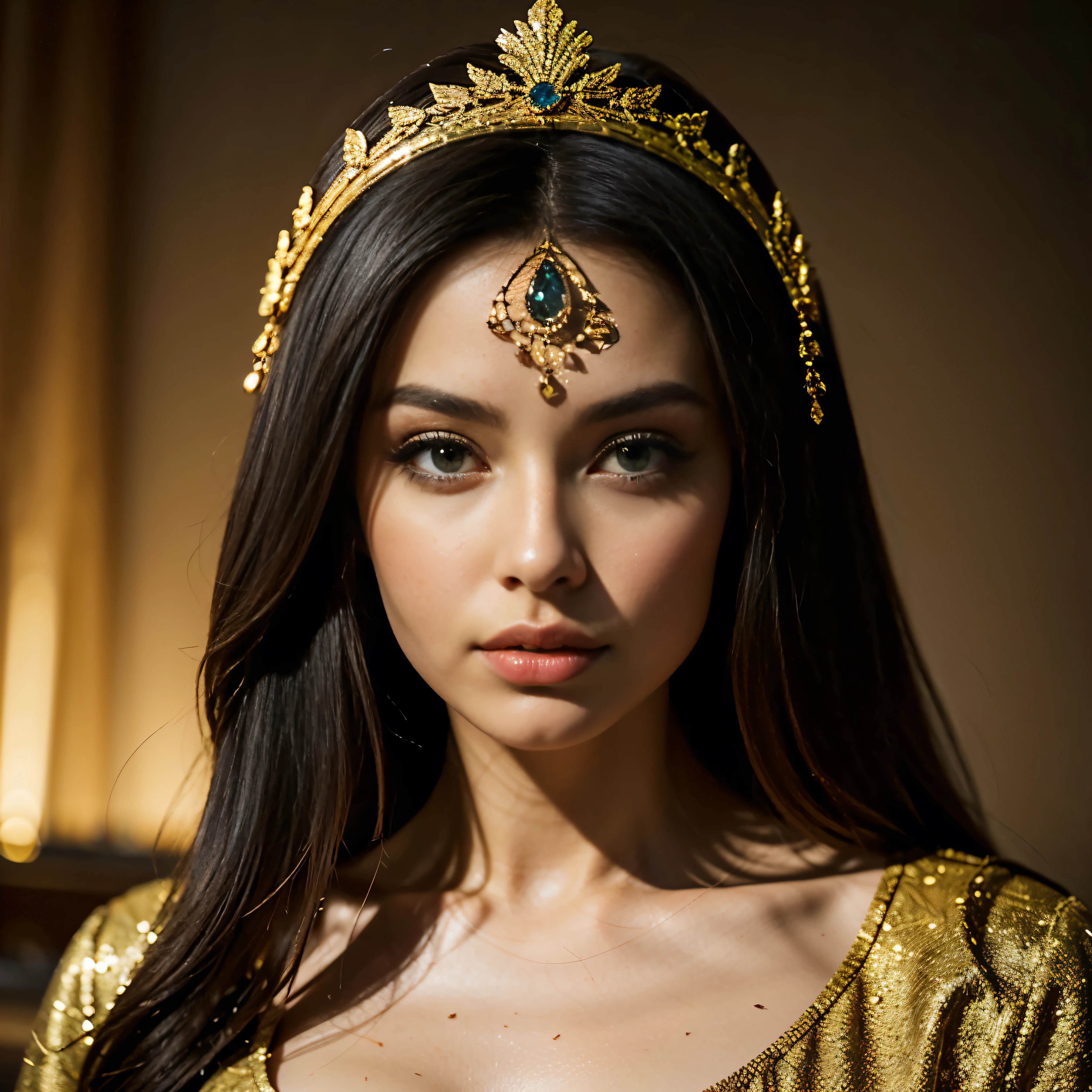 Cleopatra、A beautiful woman、Beautifully detailed eyes、Beautifully detailed lips、Long eyelashes、Gorgeous Woman、Graceful pose、Sublime Beauty、Golden headpiece、Flowing black gown、Egyptian Hieroglyphics、Exotic background、Sunset lighting、Champion Pose、Mysterious atmosphere、Elaborate Jewelry、Complex eye makeup、Gorgeous golden throne、Elaborate head dress、ancient egyptian symbols、Desert Background、Sphinx、pyramid、Dramatic Shadows、Detailed facial features、Bright colors彩、Luxurious fabrics、Historical accuracy、Clever Construction、Majestic Aura、Mysterious charm、Shining Beauty、Excellent craftsmanship、Rich texture、Decorative accessories、Exquisite environment、Royal Confidence、Theatrical presence、Captivating Gaze、Seductive attitude、Captivating Charm、Delicate hand gestures、A noble crown、Luxurious ornamentythological references、Symbolic Representations、Dignified elegance。
(highest quality、4K、High resolution、masterpiece:1.2)、Super detailed、(Real、Photorealistic、Photorealistic:1.37)、Bright colors、Professional Lighting、Sharp focus、Crisp details