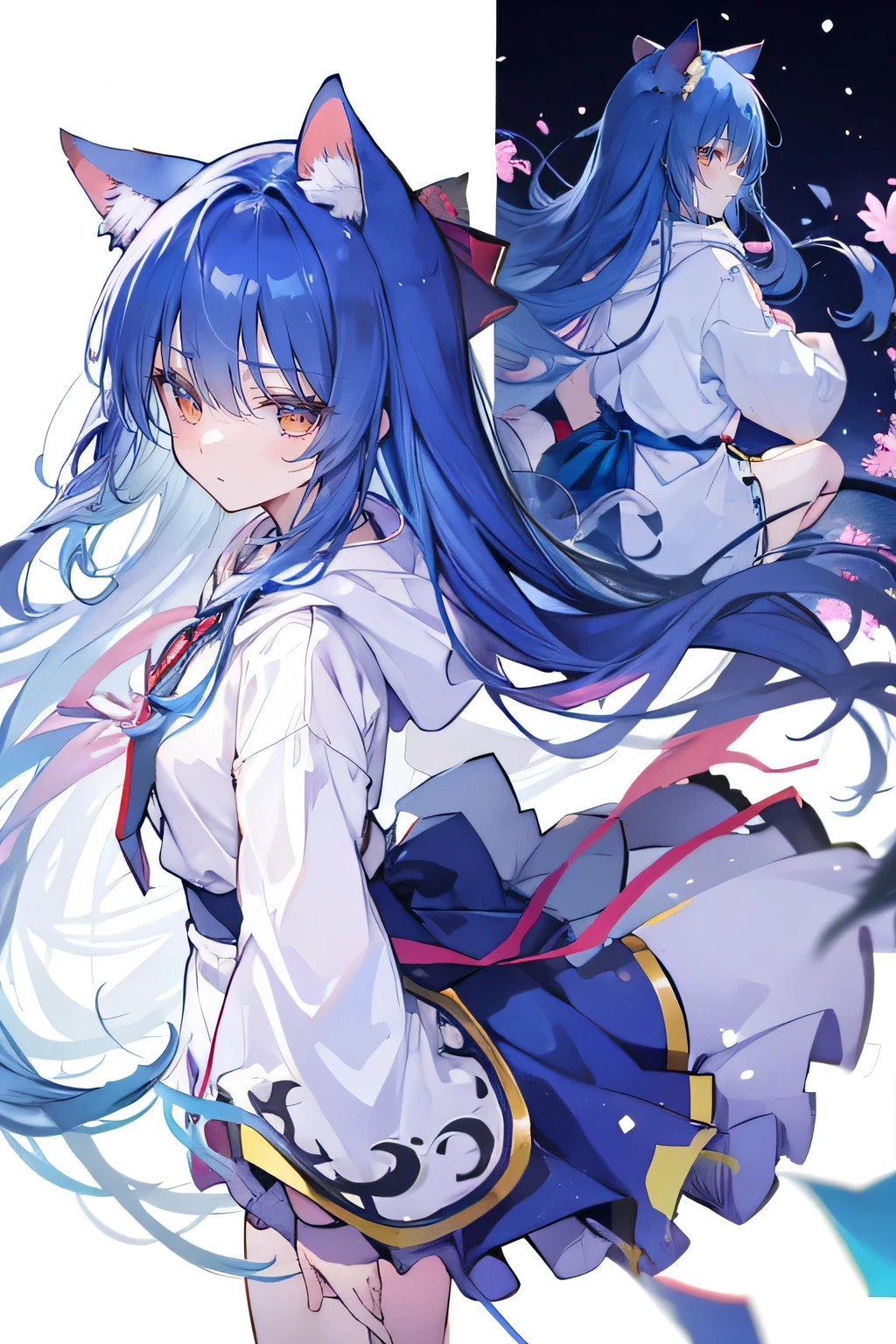 （masterpiece：1.2），Super detailed，lifelike，Expressive eyes，fair skin，perfect face shape，1 girl，
Japanese comics,Gorgeous blue hair,flowing blue hair,flowing clothes,Cat ears,Petals fall,beautiful lola,Baby Angel,
Shaking head with one hand，Cross your legs，Gentle and peaceful background，The pavilion is cool and comfortable,smile, wearing hoodie, background of tokyo,back views,snowing, winter.