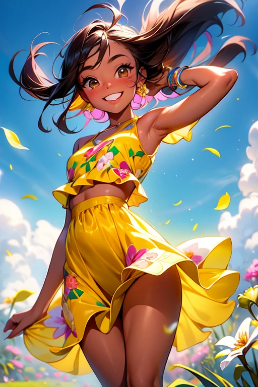 addition_detailed:1, Best Quality, Beautiful subtle shine, Ambient Occlusion, ambient light, Ray Traced Reflections, Glamorous aura, happy, Smiling 18 year old brown-skinned girl with wind blowing across prairie on sunny day, Warm colored floral motifs、Colorful flying flowers spread across the meadow、Two-piece short dress, Very colorful.