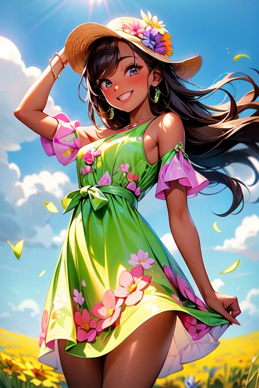 addition_detailed:1, Best Quality, Beautiful subtle shine, Ambient Occlusion, ambient light, Ray Traced Reflections, Glamorous aura, happy, Smiling 18 year old brown-skinned girl with wind blowing across prairie on sunny day, Warm colored floral motifs、Colorful flying flowers spread across the meadow、Two-piece short dress, Very colorful.