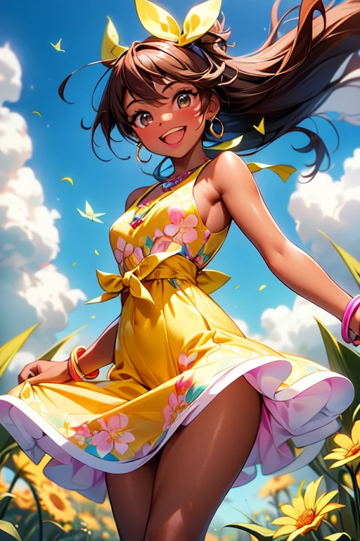addition_detailed:1, Best Quality, Beautiful subtle shine, Ambient Occlusion, ambient light, Ray Traced Reflections, Glamorous aura, happy, Smiling 18 year old brown-skinned girl with wind blowing across prairie on sunny day, Warm colored floral motifs、Colorful flying flowers spread across the meadow、Two-piece short dress, Very colorful.