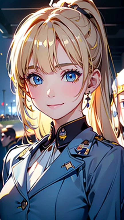 Best quality , masterpiece, Portrait、、Bright expression、ponytail、Young, shiny, white, glossy skin、Gloss Face、Shining Cheek Gloss、(Small Face Beauty:1.1)、The best beauty、The dazzling light of blonde hair、Bright blonde hair with dazzling highlights、Very beautiful shiny light blonde hair、super long silky straight hair、Her shiny, beautiful bangs are covering her eyes.、Sparkling, clear, attractive, bright, large, pale blue eyes、Very big eyes、eyeliner、very beautiful lovely cute 16 year old girl、Ample Bust, upper body , (smile) ,beautiful bangs are covering her eyes, ((((marine army uniform ))))