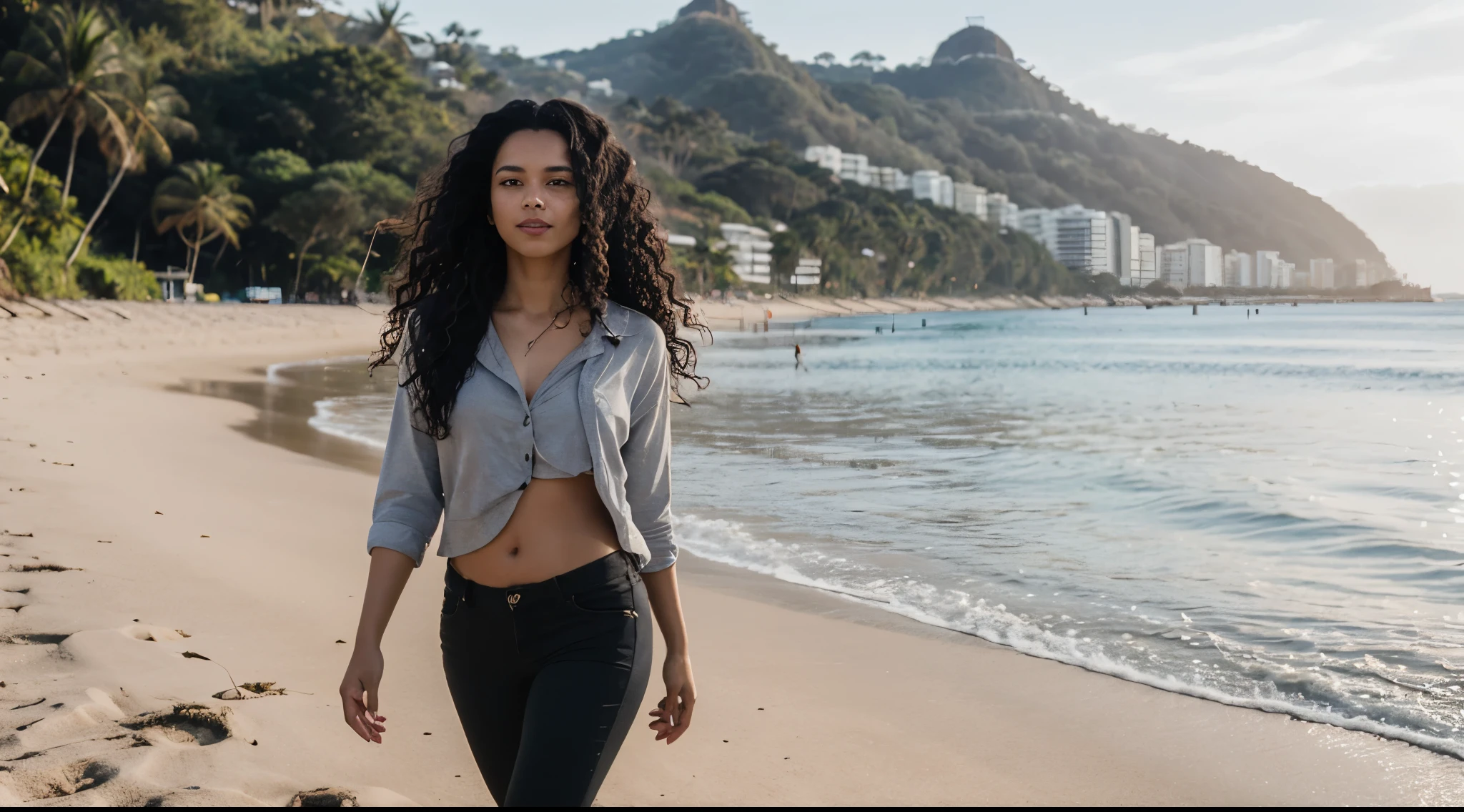 High resolution photo of a dark-skinned woman with long black curly hair wearing light casual clothes walking along the shore of a beach in Rio de Janeiro, sunny day, sun lighting, high definition, high resolution, image and dynamic composition, photo by Canon EOS 5D Mark IV, intricate details, professional photo, depth of field