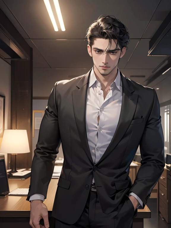 (best quality, masterpiece, 8K, photorealistic, cinematic lighting, hdr image, ultra detailed, beautiful image), 1 man, 31 years old, mature man, very handsome, (without expression, serious), short black hair, black eyes ( penetrating gaze), imposing posture, businessman, office background