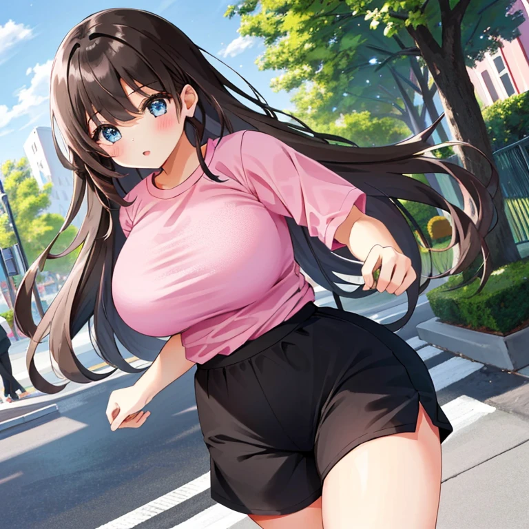 A Beautiful Cute Girl, Jogging in the City Park. She has (Lush, Long Dark-Brown Hair), (Pink or Blue Eyes), (Extremely Enormous Breasts), ((Very Wide Hips)), and a very Athletic and Muscular but still very Curvy Figure. She is wearing a ((Tight, Grey Gym-shirt, with Black accents)), ((Black Gym-shorts, with Pink Accents)), and (Pink Running shoes). ((Best Quality)), ((Best Detail)), (((1girl))), ((Perfect Anatomy)), ((Accurately Textured)),