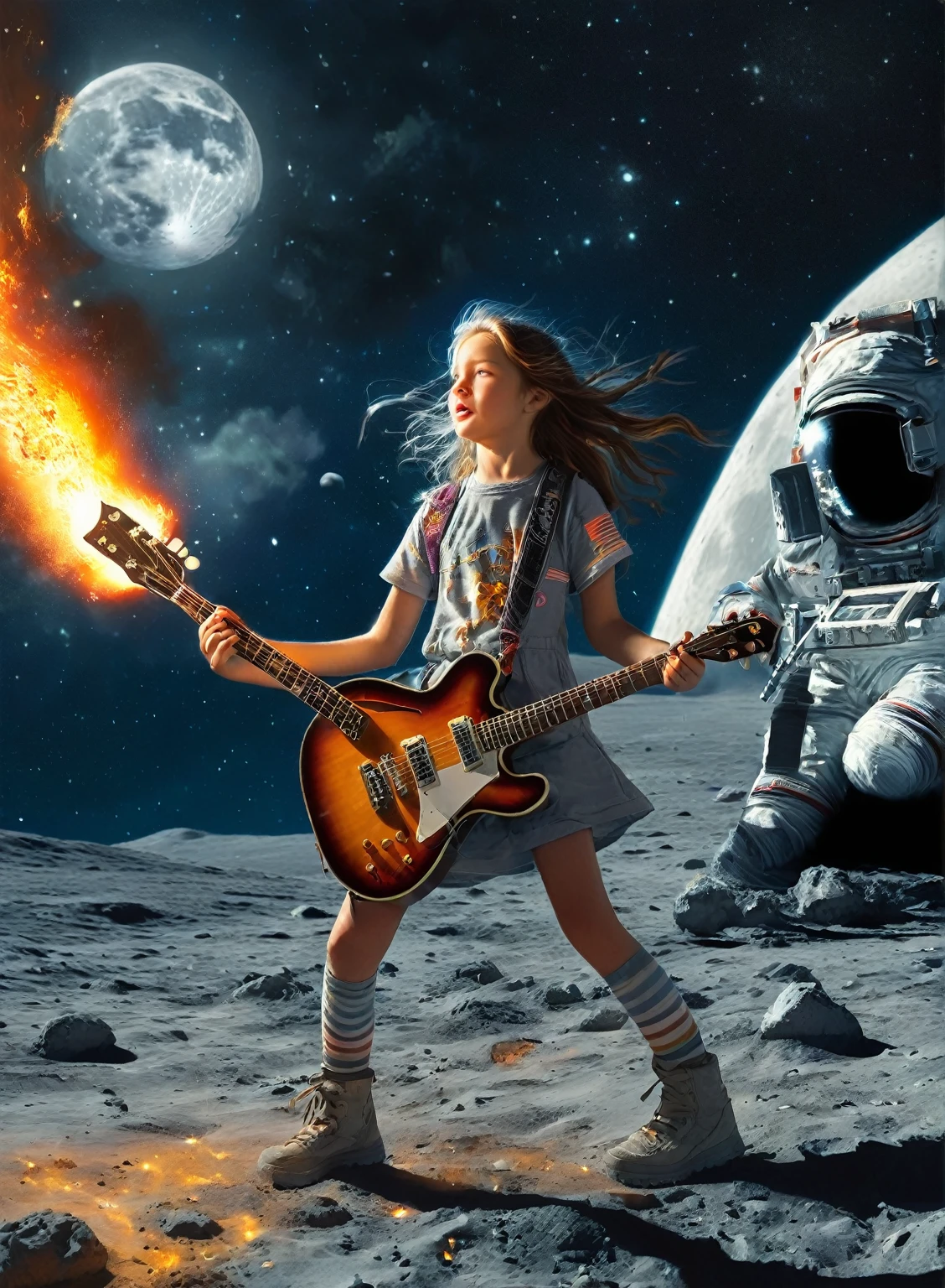 "Create a realistic and epic scene of a girl playing guitar on the moon; with a large flaming meteor passing in the background. The girl, positioned centrally, is illuminated by the soft lunar light emanating from beneath her feet, highlighting her delicate features while playing skillfully. The burning meteor adds drama to the scene. Realistic details, such as the lunar texture under your feet and small elements in the landscape, bring sophistication. the beauty of the girl and the grandeur of the meteor. Use a professional DSLR with a wide-angle lens to capture the entire scene. Set the aperture to f/4 to keep the girl in focus and the background slightly blurred. light conditions. Pay attention to the girl's anatomical and facial details. Use a fast shutter speed to freeze motion and image stabilization to ensure sharpness."