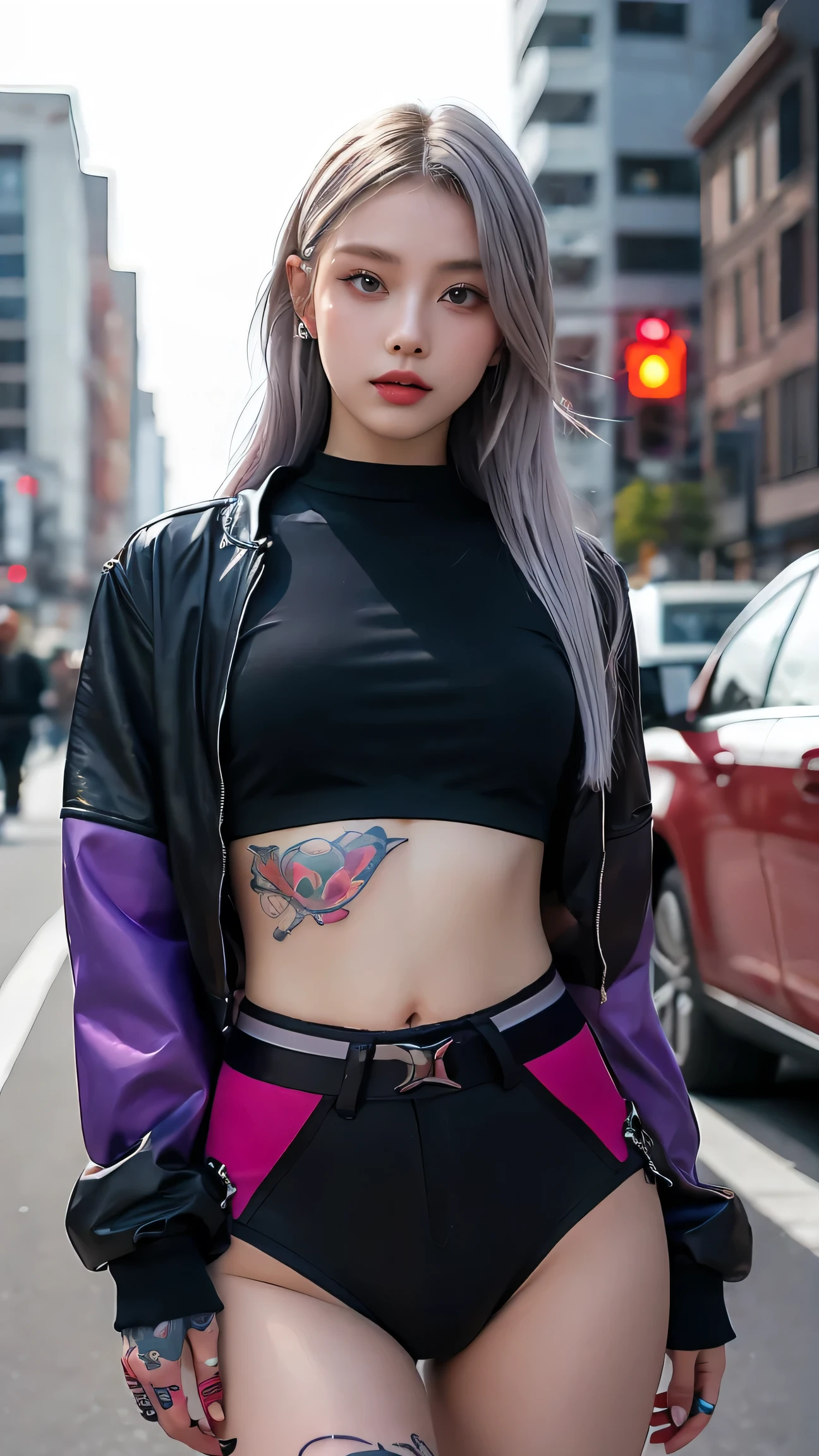 One girl, Gray Hair, Long Hair, Techwear masterpiece, highest quality, Realistic, Dark purple jacket, Portraiture, Fine grain, Wearing the headset, Platinum Hair, 21 year old girl, Fashion pose, Half Body, Wide shot, on the road, cyber punk,(((He has many tattoos all over his body)), (((Tight waist))), ((Big Breasts)),(See-through)，panties