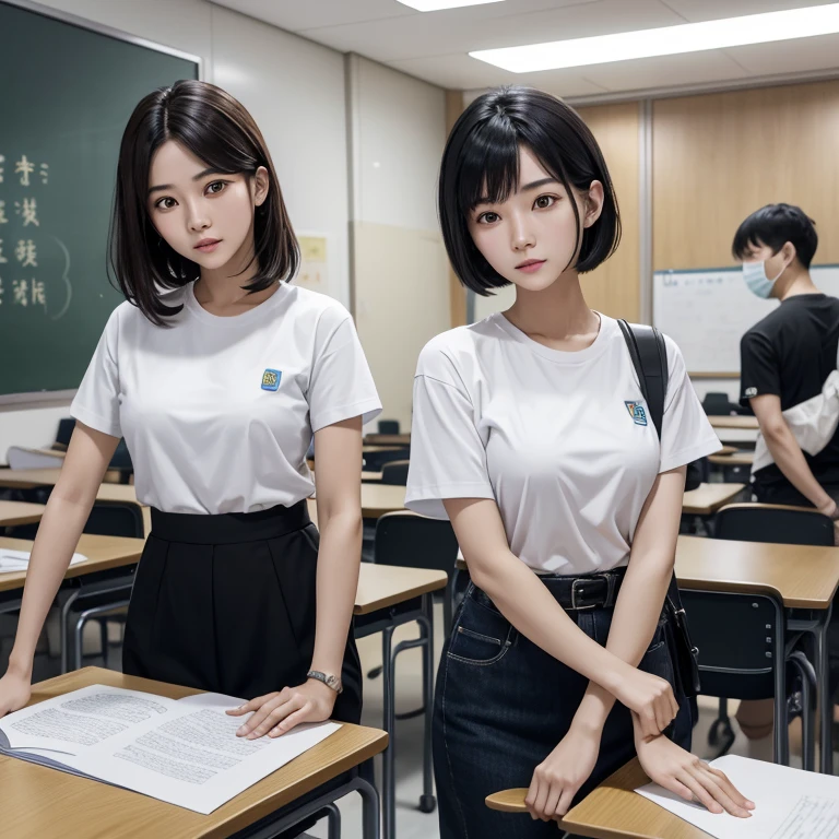 and then, In class, Two female proctors walked into the classroom, Holding a top secret document bag, Two people wearing white T-shirts,Attract attention、Female invigilator with short black hair, The female proctor looked into camera, The camera mainly captures the upper body, Lof Art Style ((Xinhai City), CGStation Popular, Xinhaicheng H 2160, Inspired by Border Guardians, Xinhaicheng, plan, Guwitz's style, High-quality images, 4K, 8k, solve,