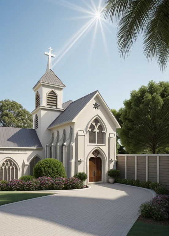 Ultra-realistic 8k, hd image quality, sharp detail, 2-story (((Church :1.3))) house, main materials: white walls, wooden ceiling accents, large glass windows, roads, cars, sidewalks, American Palm trees high, has a small alley, located in a residential area, modern style, shimmering sky, sunset light, feels peaceful, beautiful, close and warm, ((Warm light from indoor:1.3)), (daylight:1.2), perfect lighting,dynamic light,2 large glass doors,((1 large glass window:1.3)), (night light), (colorful flowers in front of the house)