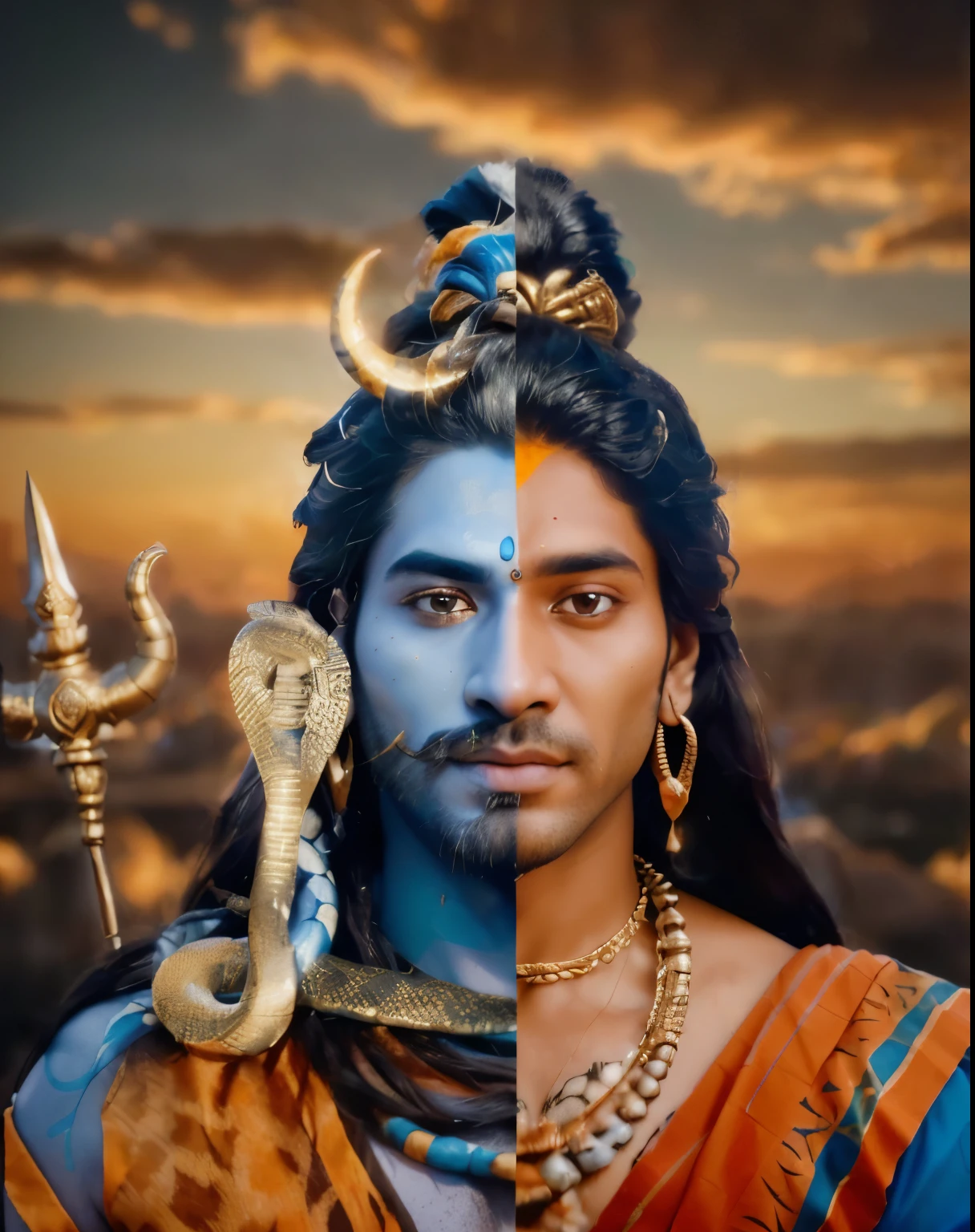 a close up of a man with a snake on his neck, god shiva the destroyer, lord shiva, shiva, inspired by Kailash Chandra Meher, hindu god, indian god, hinduism, highly detailed vfx portrait of, hindu gods, inspired by Thota Vaikuntham, hindu aesthetic, vishnu, attractive male deity, closeup portrait shot, highly detailed vfx portrait, photoshopped