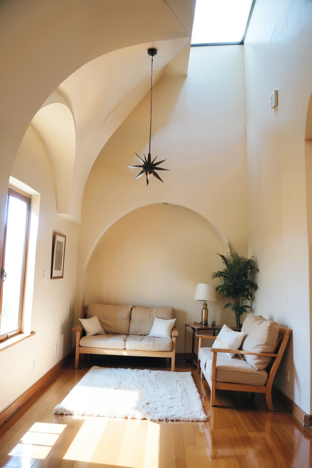 The roof is a white arch,Natural light as background, Indoor orange furniture decoration, Simple and beautiful, Natural light in the room, Peaceful style