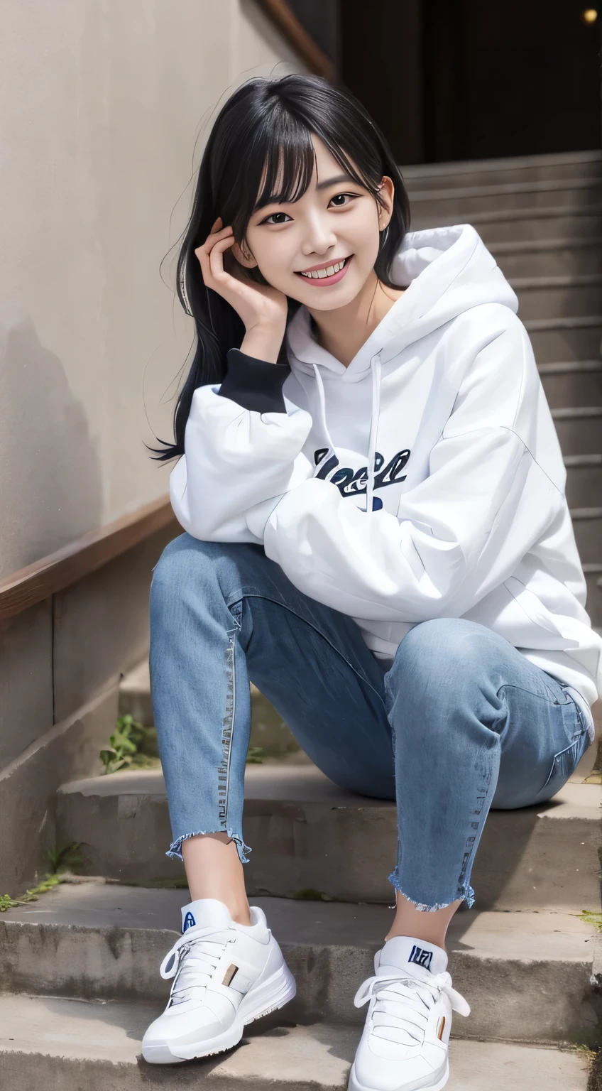 highest quality, Realistic, Very detailed, Finer details, High resolution, 8k wallpaper, One beautiful woman,Sit on the stairs、(Wear black socks)smile、(Beautiful teeth alignment、)(Gums are visible) Oversized hoodie, Skinny jeans,( Black sneakers)、Black Hair、 Beautiful Bangs、ear piercing、Perfect dynamic composition, Beautiful and detailed, Full Body Shot, A big smile