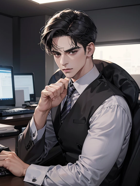 (best quality, masterpiece, 8K, photorealistic, cinematic lighting, hdr image, ultra detailed, beautiful image), 1 man, 31 years old, mature man, very handsome, (without expression, serious), short black hair, black eyes ( penetrating gaze), imposing posture, businessman, office background