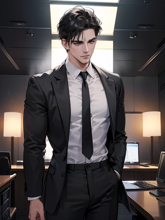 (best quality, masterpiece, 8K, photorealistic, cinematic lighting, hdr image, ultra detailed, beautiful image), 1 man, 31 years old, mature man, very handsome, (without expression, serious), short black hair, black eyes ( penetrating gaze), imposing posture, businessman, office background