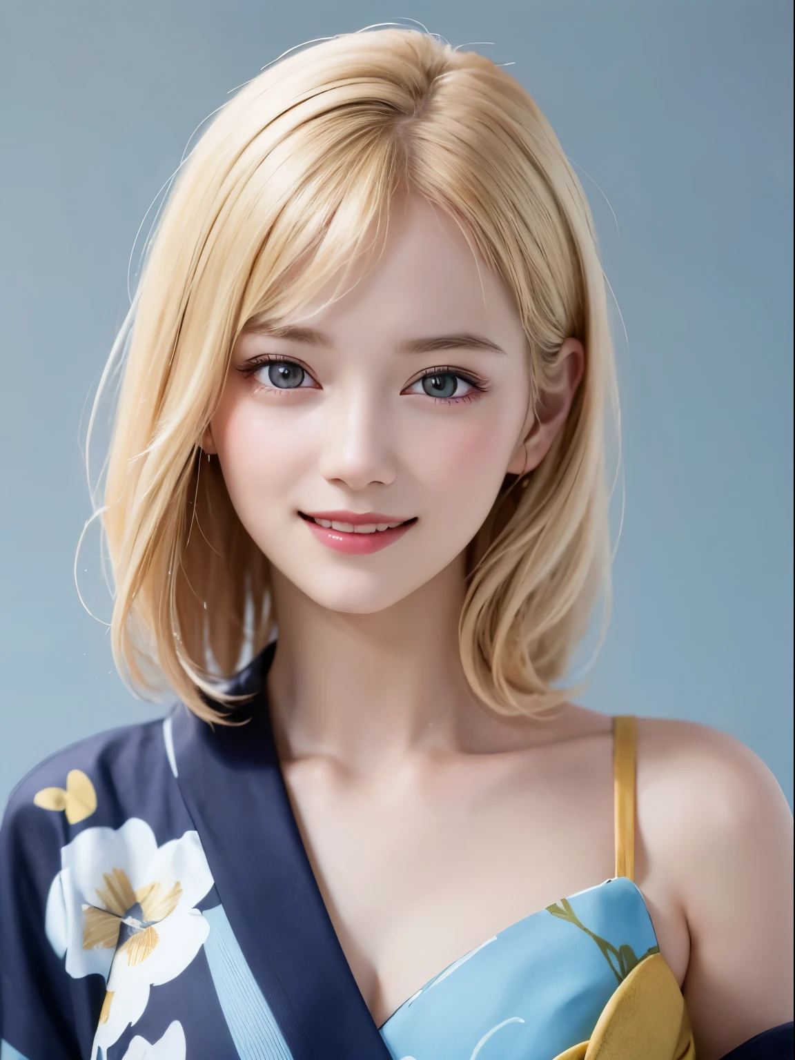 (highest quality、8k、32k、masterpiece)、(RAW Photos)、(Realisticな)、(High resolution)、Very detailedな、Very beautiful face and eyes、One Girl、Round and small face、Delicate body、(close、highest quality、Rich skin detail、highest quality、8k)、Very detailed、(Realistic、Realistic:1.37)、Vibrant colors、(((Laughter)))、(((Golden Hair)))、(((I touch my chest with my right hand)))、(((Smiling)))、(((Bust Shot)))、(((White Background)))、((Medium Hair))、(((Pure white wall background)))、(((Blonde)))、(((She is wearing a yukata with a pop design.)))、(((Brown and light blue yukata)))、(((Pure white wall background)))、