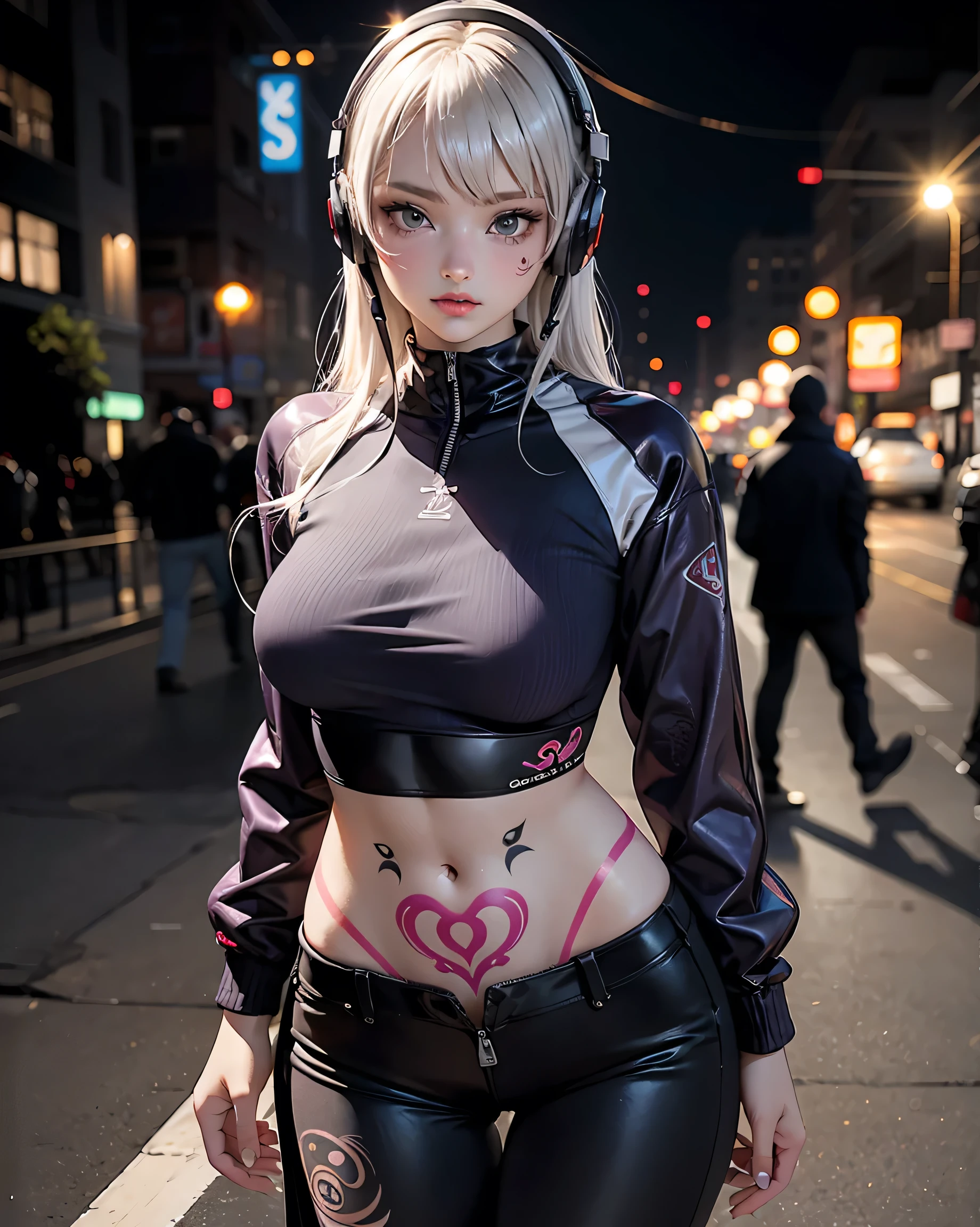 One girl, Gray Hair, Long Hair, Techwear masterpiece, highest quality, Realistic, Dark purple jacket, Portraiture, Fine grain, Wearing the headset, Platinum Hair, 21 year old girl, Fashion pose, Half Body, Wide shot, on the road, cyber punk,(((He has many tattoos all over his body)), (((Tight waist))), ((Big Breasts)),(See-through)，panties