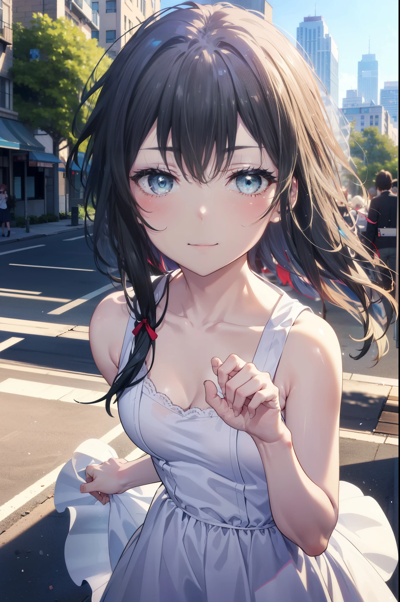 yukinoyukinoshita, Yukino yukinoshita, Black Hair, blue eyes, Long Hair,smile, Small breasts,happy smile, smile, Close your mouth,
, Sleeveless white dress,White long skirt,Cute Sandals,walking,Real Summer,Daytime,sunny,whole bodyがイラストの中に入っていくように,
break outdoors ,city,Building district,Coastal Road　　　　　　　　　　　　　　　break looking at viewer, whole body,
break (masterpiece:1.2), highest quality, High resolution, unity 8k wallpaper, (shape:0.8), (Beautiful and beautiful eyes:1.6), Highly detailed face, Perfect lighting, Extremely detailed CG, (Perfect hands, Perfect Anatomy),