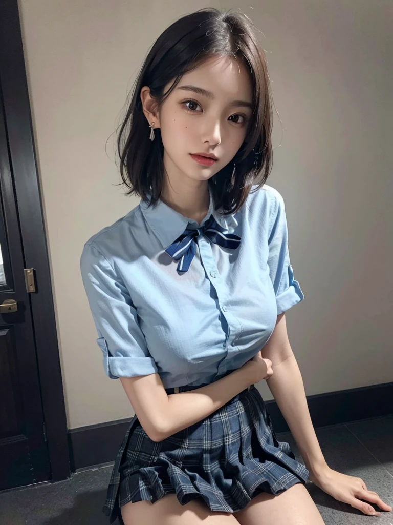 (8K、Raw photo、highest quality、masterpiece:1.2),(spread your legs wide,open your legs wide),(long bob cut),looking at the viewer,Looking at the front,bullish,erotic,student,Light green Bra,white skin,knees,(black pantyhose),absurd,small face,前hairを真ん中から分ける、I can see the forehead,(please be shy,きついeye,glare,bullish,skinny,skinny,get annoyed)、masterpiece,highest quality、Super high resolution,raw panties,Len,beautiful feces,one person, solo,whole body、cute、Return to student,JK uniform,high school girl,japanese woman,standing,(Photoreal:1.37)、photon mapping,realistic、cutesmall face,茶色のeye、black socks、(red bow tie)、radio city、物理ベースのLenダリング、Qianfang、Depth of bounds written、blurred background、picture,the girls、body,beautiful feet, long legs, thin legs,Tie your hair into one strand on your chest,(前hairが見える), hair, lips, green_eye, nose soft,(light blue shirt), (Navy, blue and white plaid pleated skirt), kneesが見える,thin clothing,, thigh, black cotton socks,Nogizaka idol, actress, japanese id、big and full breasts、cleavage、Unbutton your shirt and see your chest、(Detailed female genital shape clearly visible: 1.4), masturbation girl,whole body写真、lift the skirt yourself、Super fine、low person、No panties、No panties、No bra、No bra、No pubic hair、genitals are wet、on the hotel bed、dim room、Black kneese-high stockings、Black kneese-high socks、