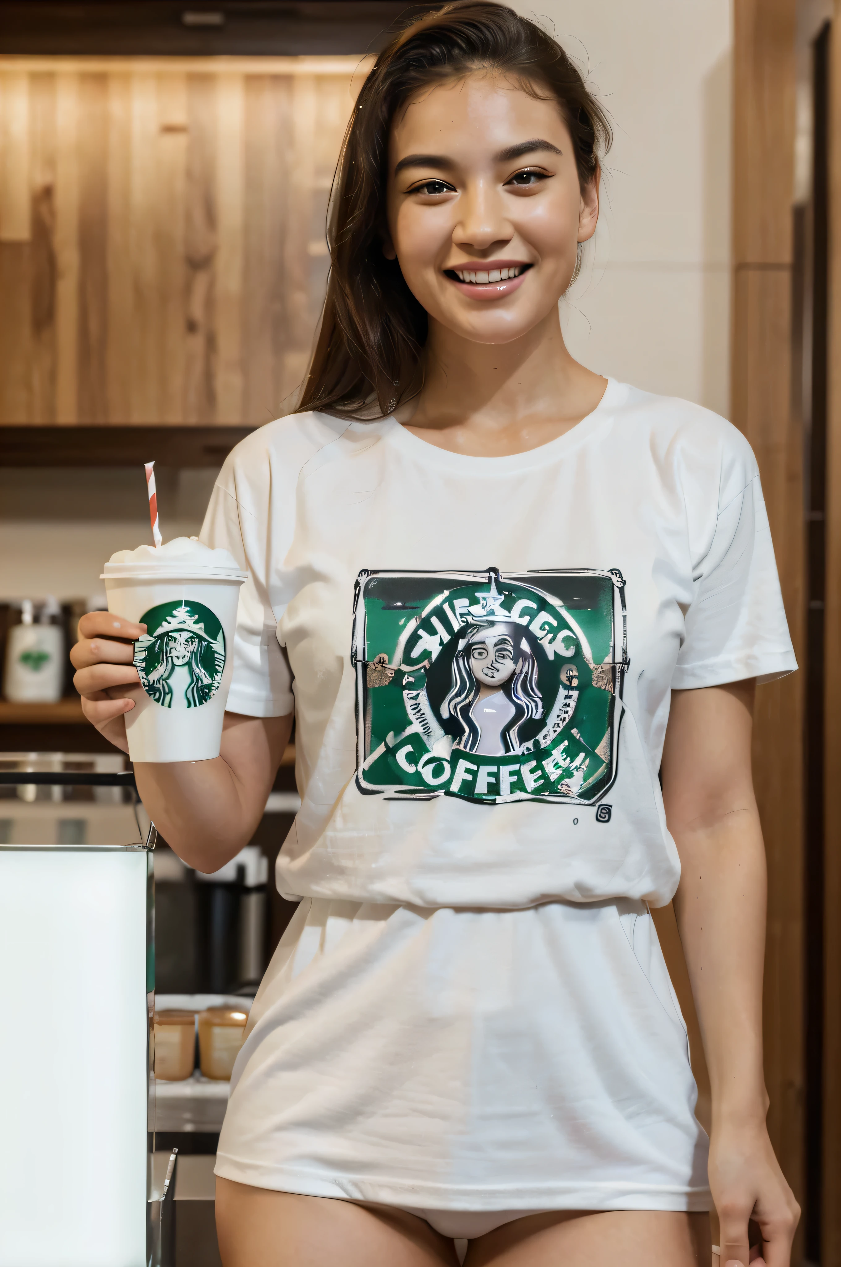 (best quality,highres,ultra-detailed:1.2), ((masterpiece)), perfect face, white, mixed, American, Eurasian, white t-shirt, full body, drinking coffee, starbucks, iced americano, joyful expression, laughter