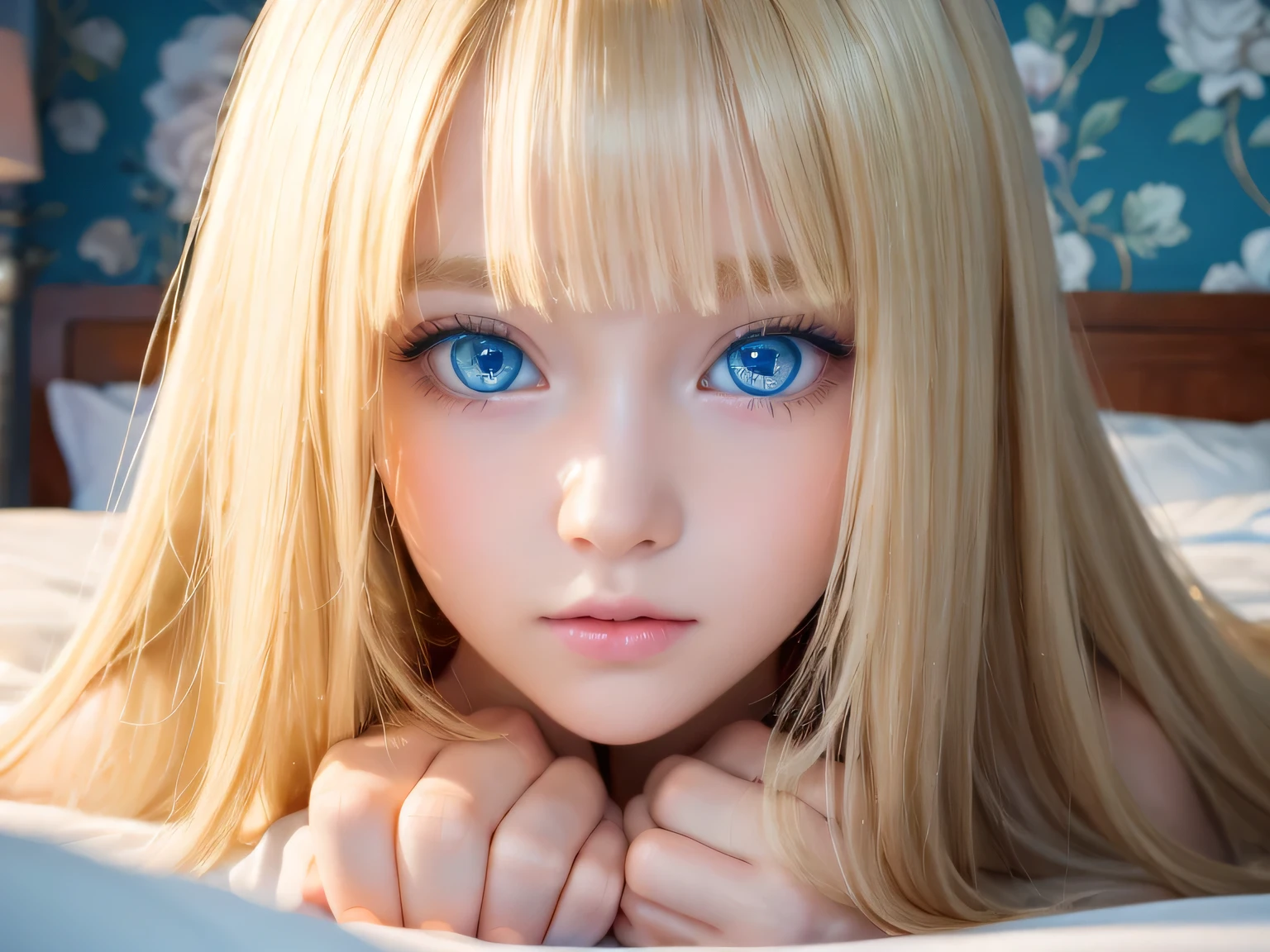 A very white and beautiful 20-year-old blonde girl、Mastepiece, Best Quality, Illustration, Ultra-detailed fine details, Natural platinum blonde with a natural shine、Super long straight silky hair、Super long Rapunzel hair、disheveled bangs above the eyes,、Bangs that cover the face、High resolution, 8K Denden Wallpaper, Perfect dynamic composition, Beautifully detailed large light blue eyes , Very big eyes、of hotel(Bed)、Small Face Beauty、Round face、On all fours