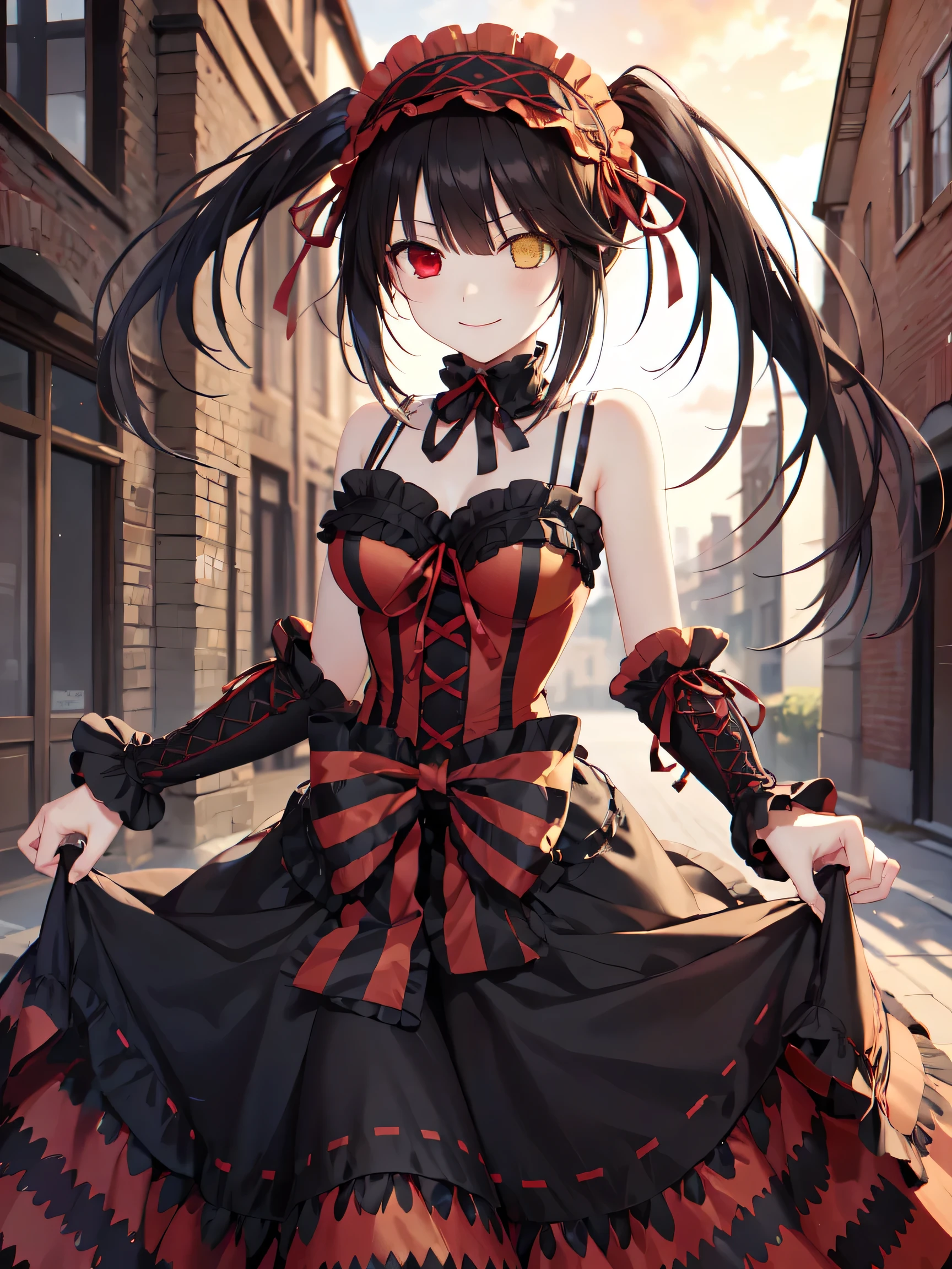 masterpiece, The best quality、street、Put your arms behind your back、Black Hair, Long twin tails bunches, (Yellow eyes:1.2), Heterochromia iridum, (Red Eyes:1.2),Tokisaki Kurumi、Smile,Gothic Lolita Clothing Accessories、victorian maid tiara、Black Ribbon、Shut up、Gothic Lolita Clothing Accessories