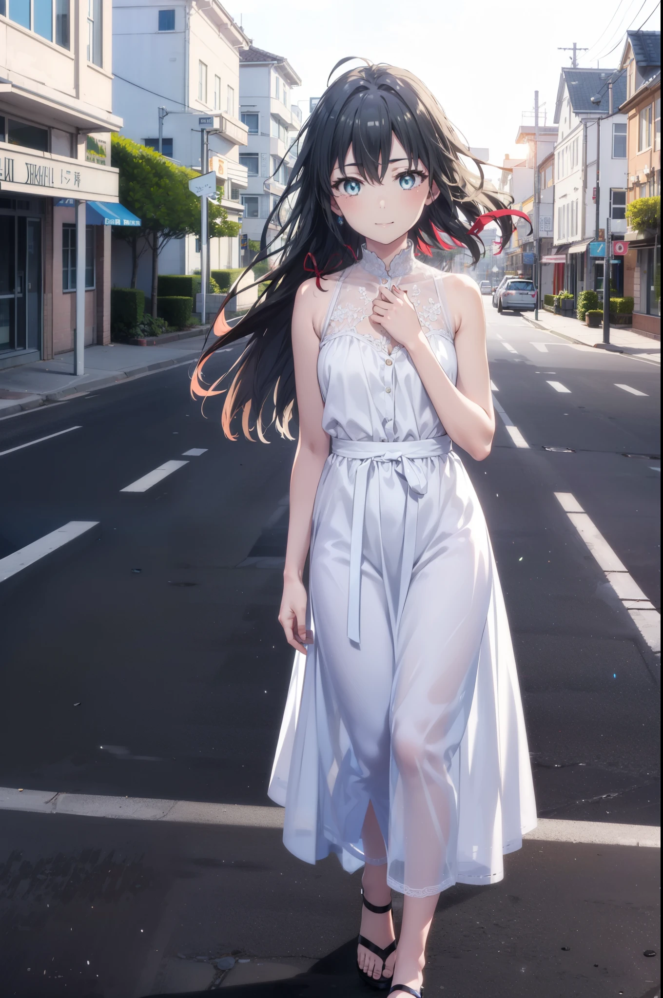 yukinoyukinoshita, Yukino yukinoshita, Black Hair, blue eyes, Long Hair,smile, Small breasts,happy smile, smile, Close your mouth,
, Sleeveless white dress,White long skirt,Cute Sandals,walking,Real Summer,Daytime,sunny,whole bodyがイラストの中に入っていくように,
break outdoors ,city,Building district,Coastal Road　　　　　　　　　　　　　　　break looking at viewer, whole body,
break (masterpiece:1.2), highest quality, High resolution, unity 8k wallpaper, (shape:0.8), (Beautiful and beautiful eyes:1.6), Highly detailed face, Perfect lighting, Extremely detailed CG, (Perfect hands, Perfect Anatomy),