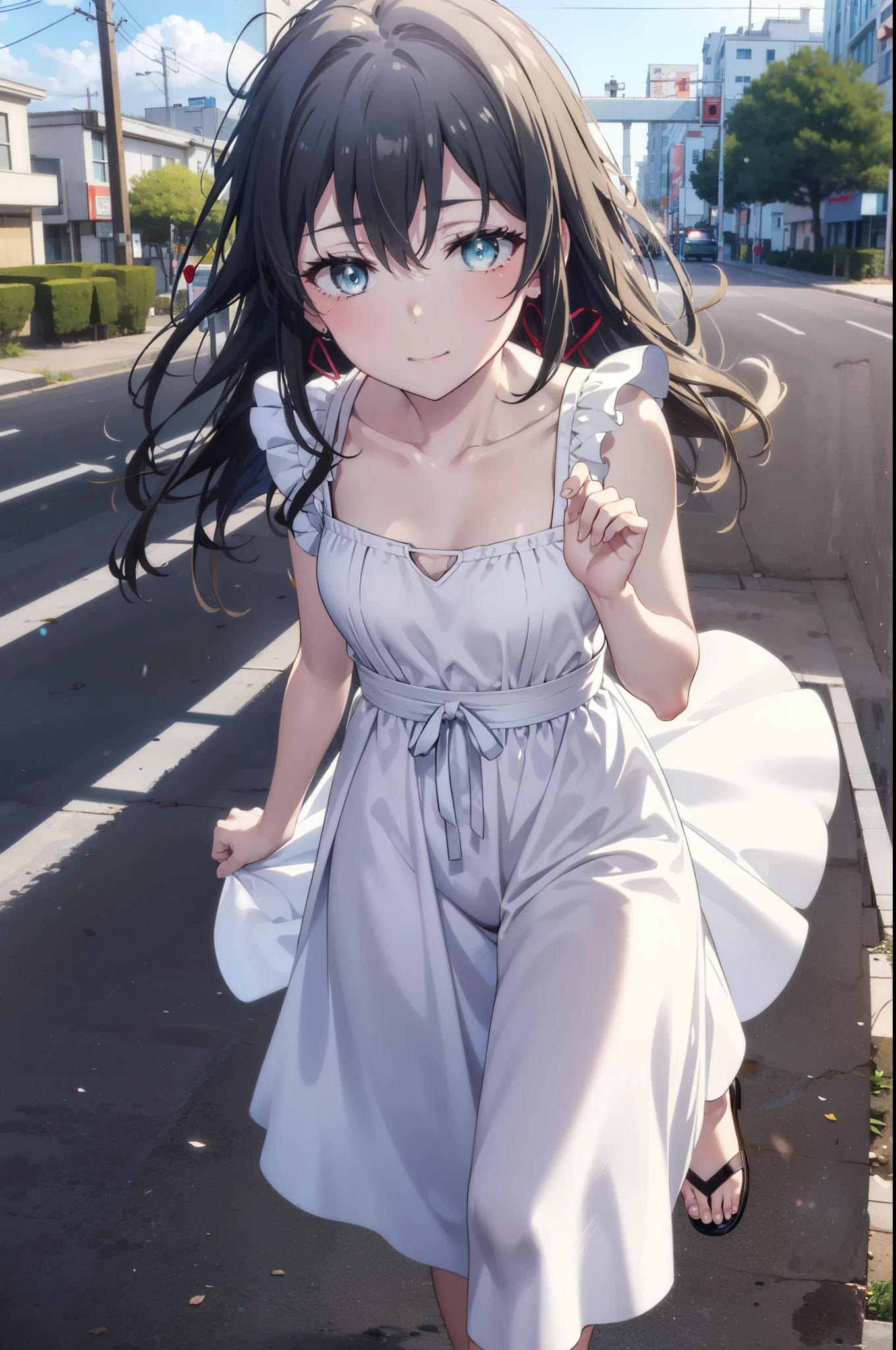 yukinoyukinoshita, Yukino yukinoshita, Black Hair, blue eyes, Long Hair,smile, Small breasts,happy smile, smile, Close your mouth,
, Sleeveless white dress,White long skirt,Cute Sandals,walking,Real Summer,Daytime,sunny,whole bodyがイラストの中に入っていくように,
break outdoors ,city,Building district,Coastal Road　　　　　　　　　　　　　　　break looking at viewer, whole body,
break (masterpiece:1.2), highest quality, High resolution, unity 8k wallpaper, (shape:0.8), (Beautiful and beautiful eyes:1.6), Highly detailed face, Perfect lighting, Extremely detailed CG, (Perfect hands, Perfect Anatomy),