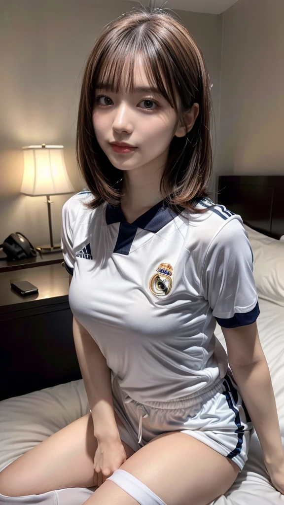 muste piece, best quality, illustration, Super detailed, fine details, High resolution, 8K,wall paper, perfect dynamic composition,(Details High quality, realistic depiction of eyes:1.3), ((real madrid soccer uniform、Real Madrid shirt、White Football Uniform、White short-sleeved and shorts uniform、football uniform、The hem of the T-shirt is long、Professionally designed uniform with perfect color scheme、white uniform、Lying on a hotel bed, huge breasts)), (Emphasize body line:1.1), wavy hair, short bob hair, black hair color, Big Natural Color Lip, (open legs:1.5), bold sexy pose, (perfect body shape), crying a little、cold gaze, Harajuku style、20 year old girl、cute type、lolita、beautiful legs, hotel room, hposing Gravure Idol, Voluptuous thighs