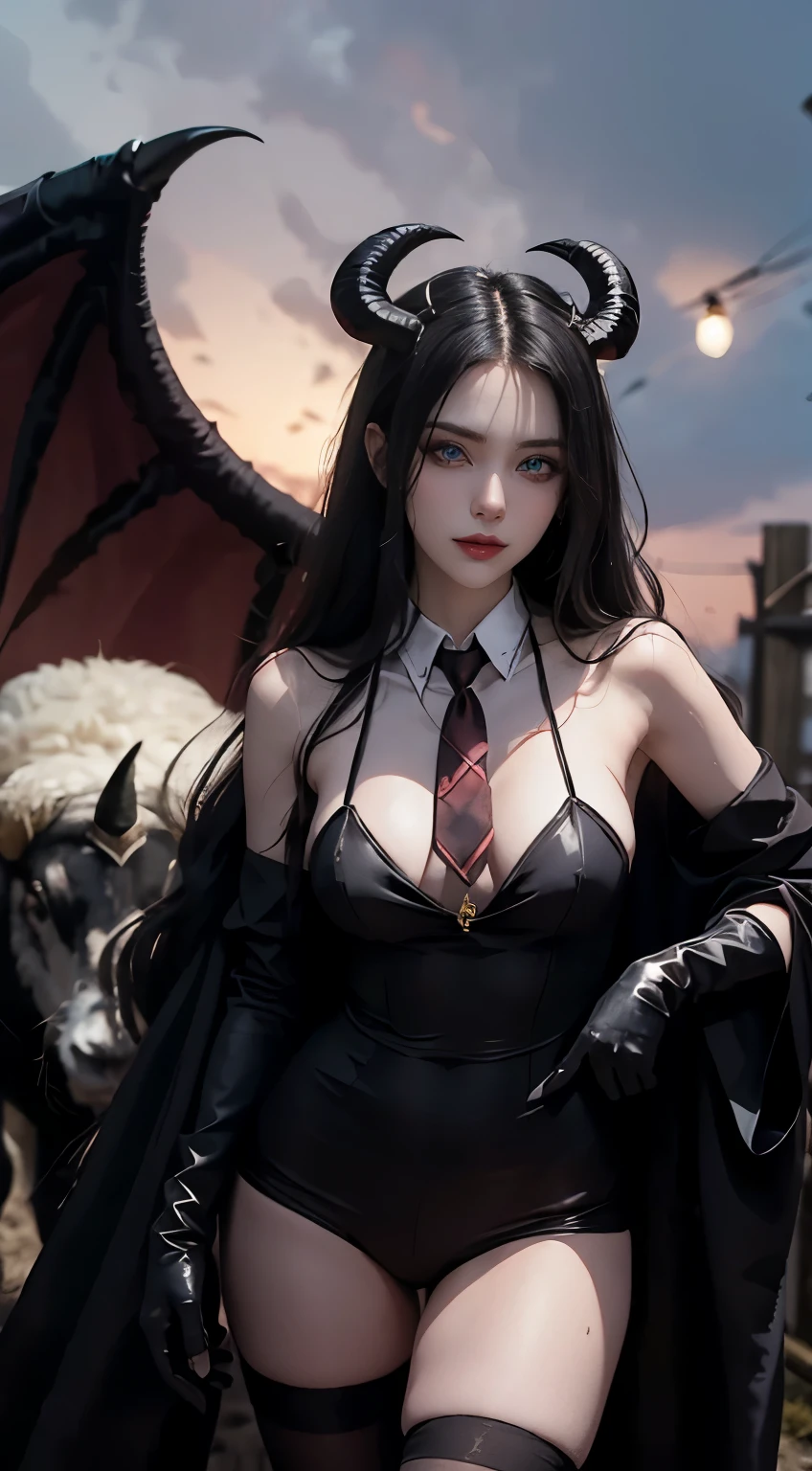 dracula effect on a girl with evil power with long straight horns coming out of the side of the head in a straight line, fully clothed, big chest, seductive smile, sheep straight horns, black hair, long hair, sleeveless, long gloves, swimdress black suit with short shorts, necktie, succubus, strapless thigh highs.